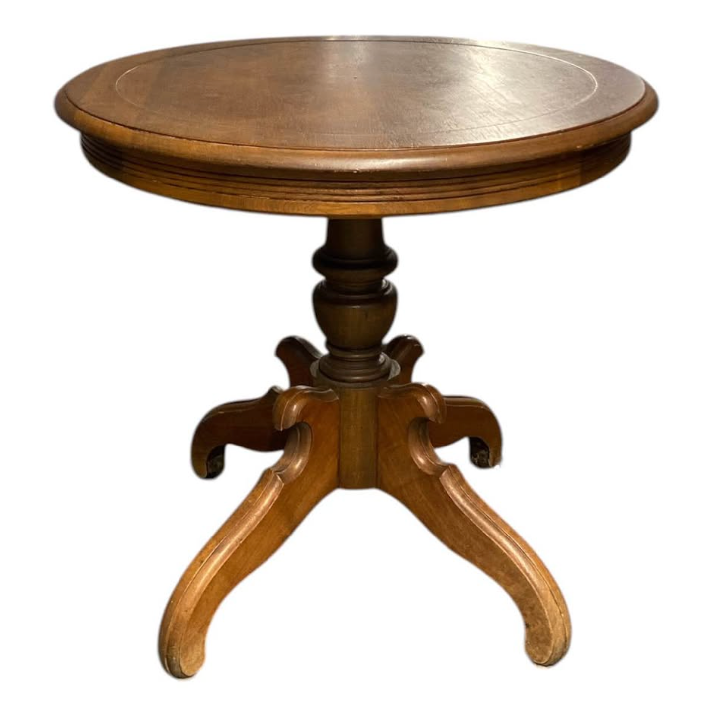 Vintage Round Pedestal Accent Table — Turned Column, Carved Scroll Legs