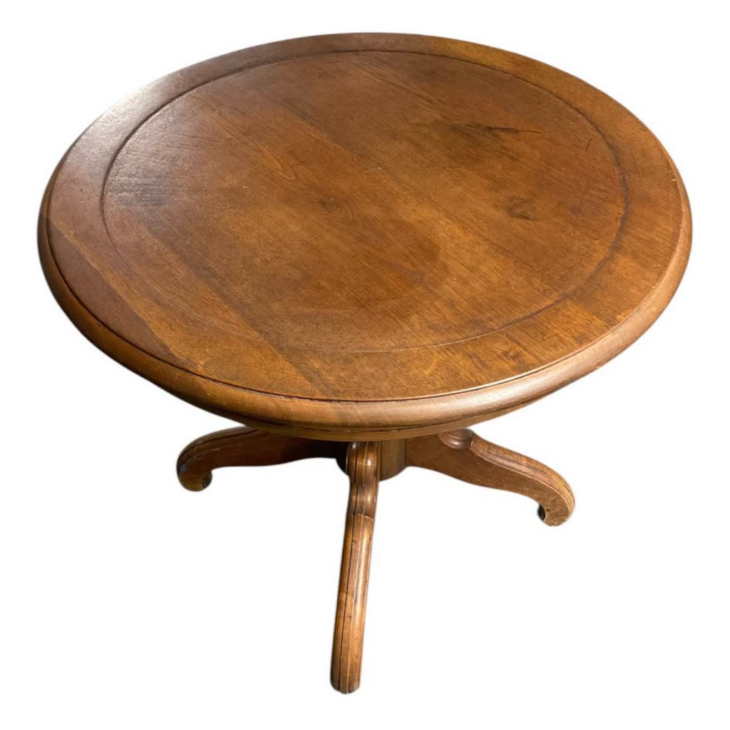 Vintage Round Pedestal Accent Table — Turned Column, Carved Scroll Legs
