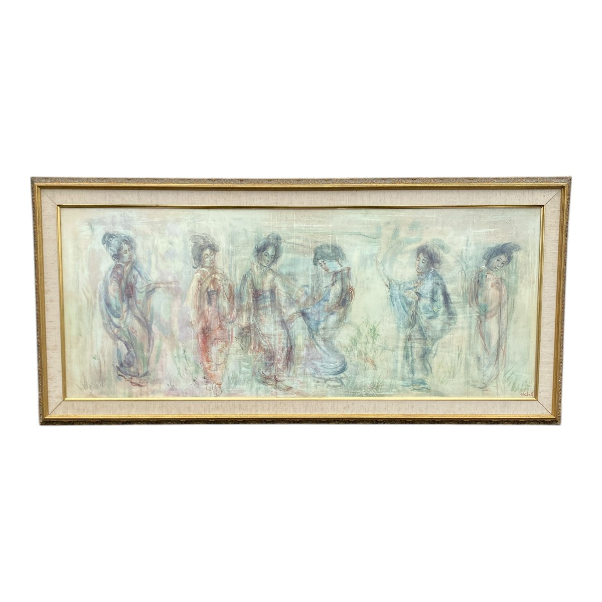 Vintage Large-Format Mid-Century Asian Figural Painting — Framed, Signed, Gold Frame