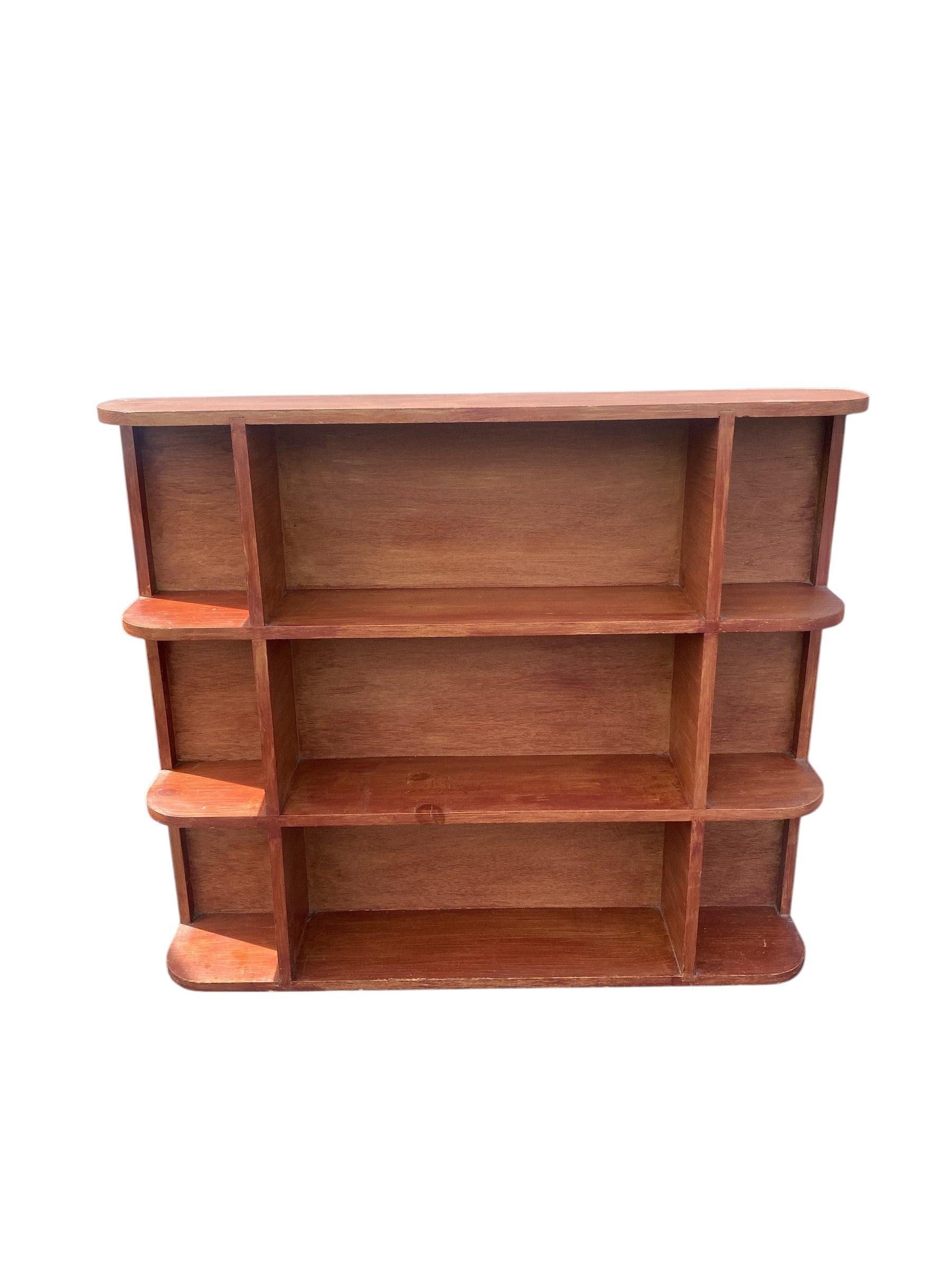 Vintage Solid Wood Stepped Bookcase — Mid-Century Waterfall Design, 9 Cubbies, Warm Mahogany Tone