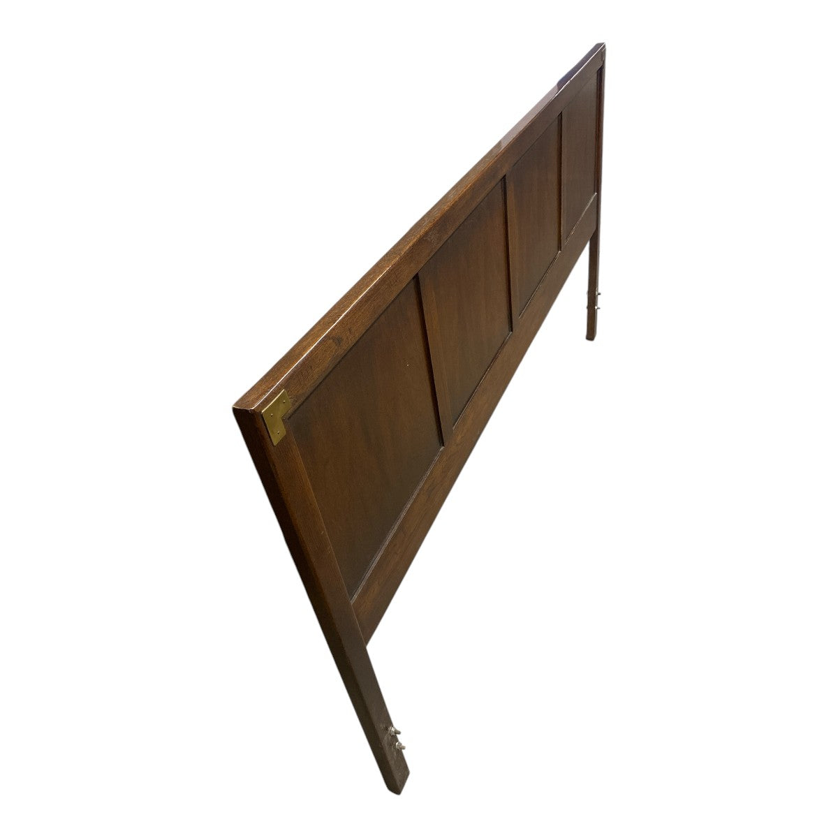 Vintage Campaign-Style Walnut Queen Headboard – Brass Corners, Panel Front