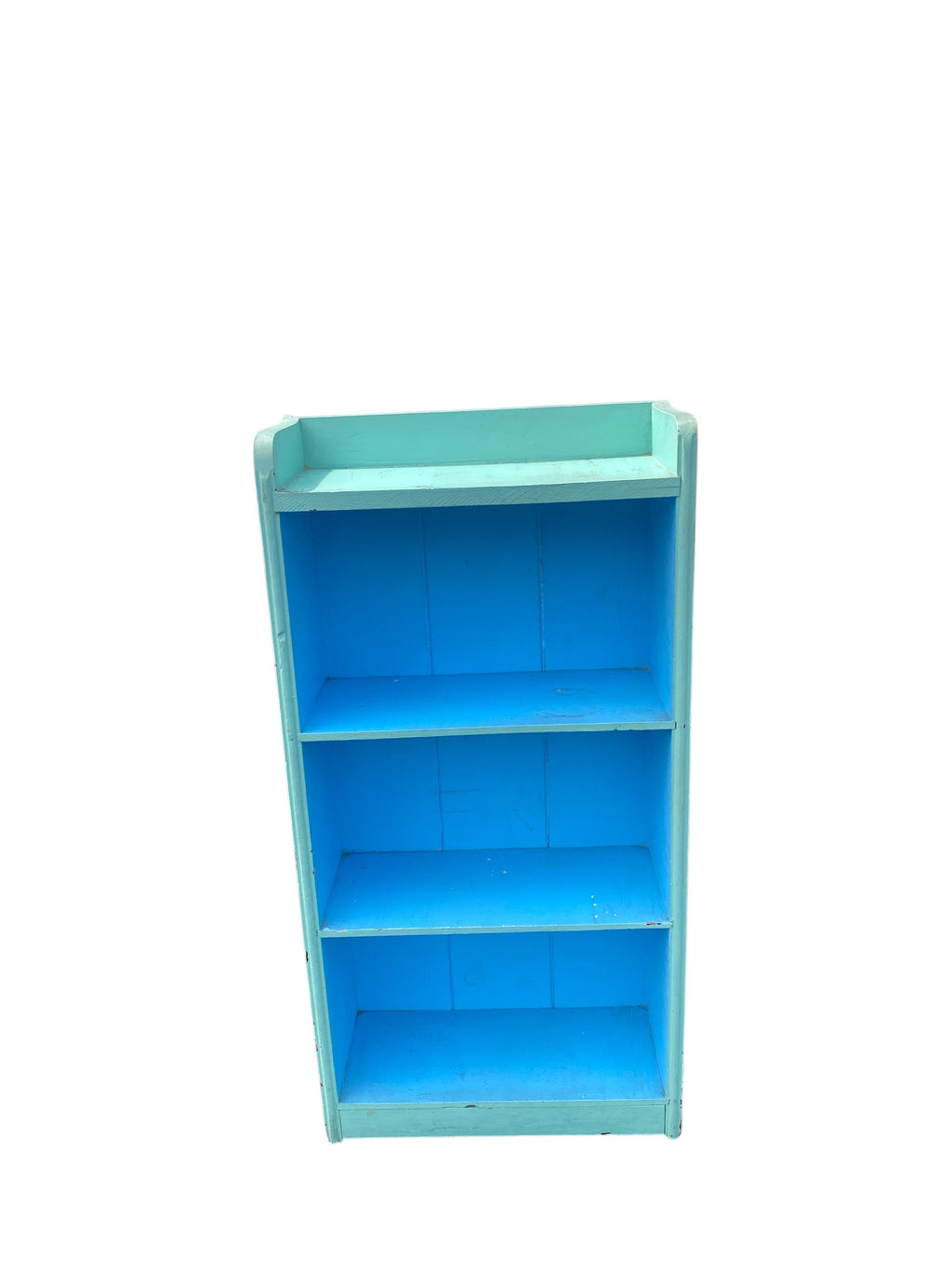 Vintage Painted Wood Bookcase — Aqua & Sky Blue Two-Tone, 3-Shelf with Gallery Top Rail