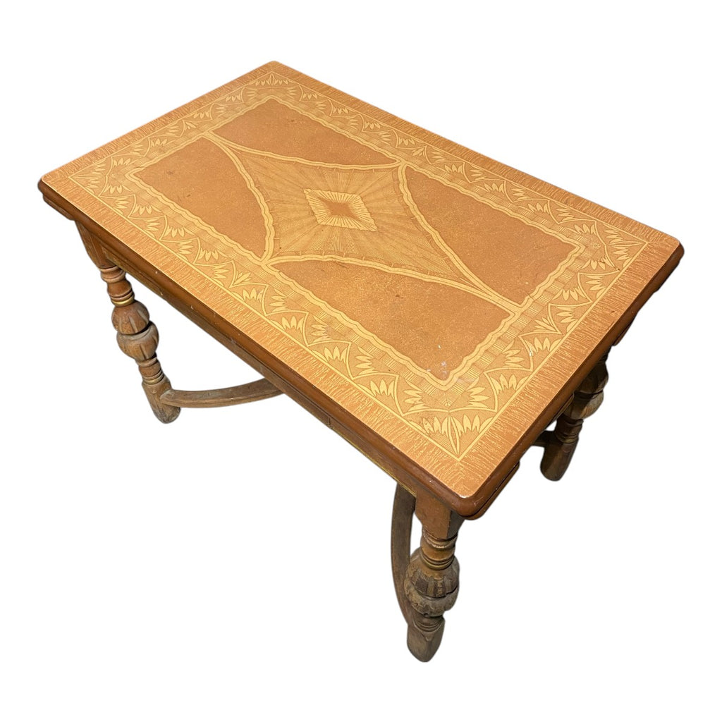 Vintage Enamel Top Pull-Out Extension Side Table w/ Drawer – Turned Legs & X-Stretcher