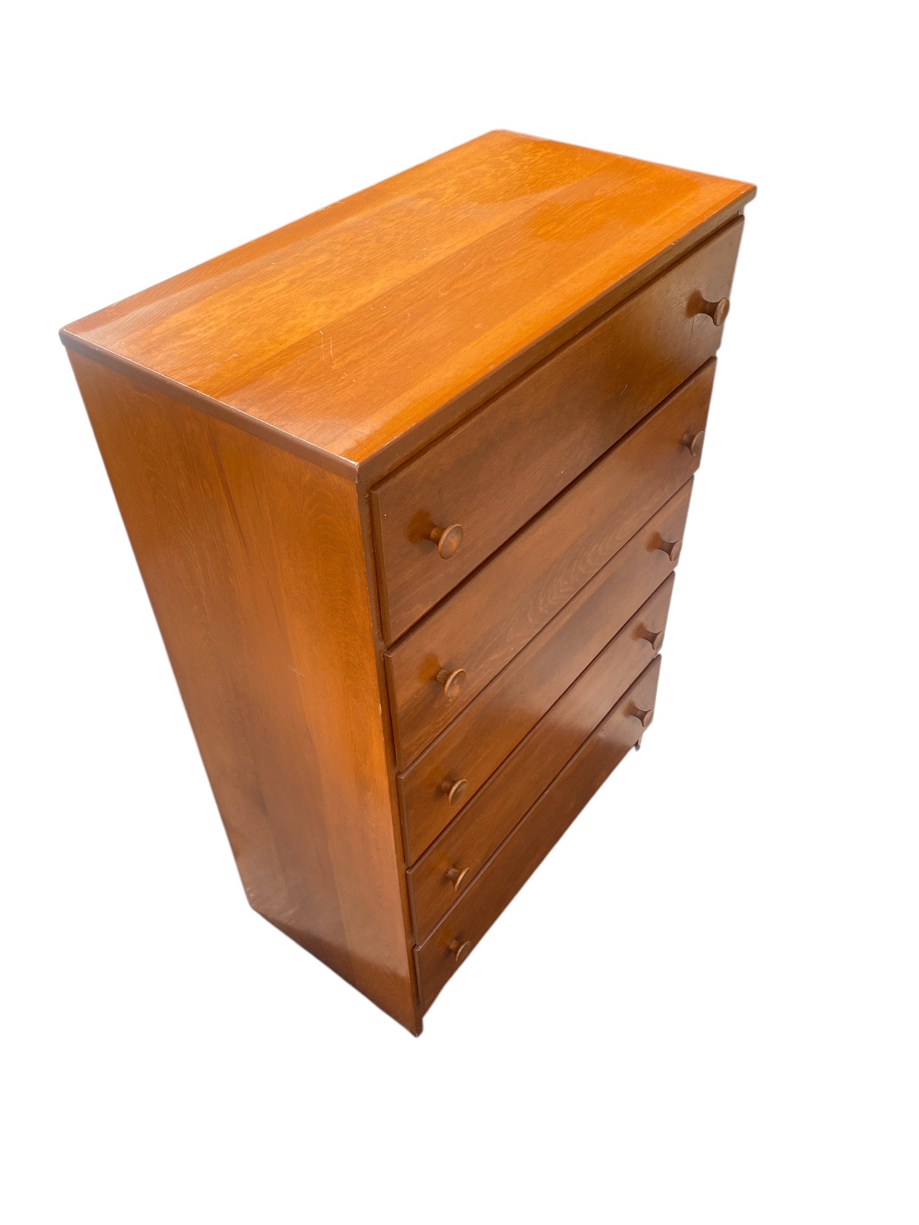 Vintage Solid Wood 5-Drawer Highboy Dresser — Warm Walnut Tone, Mid-Century Style, Round Knob Pulls