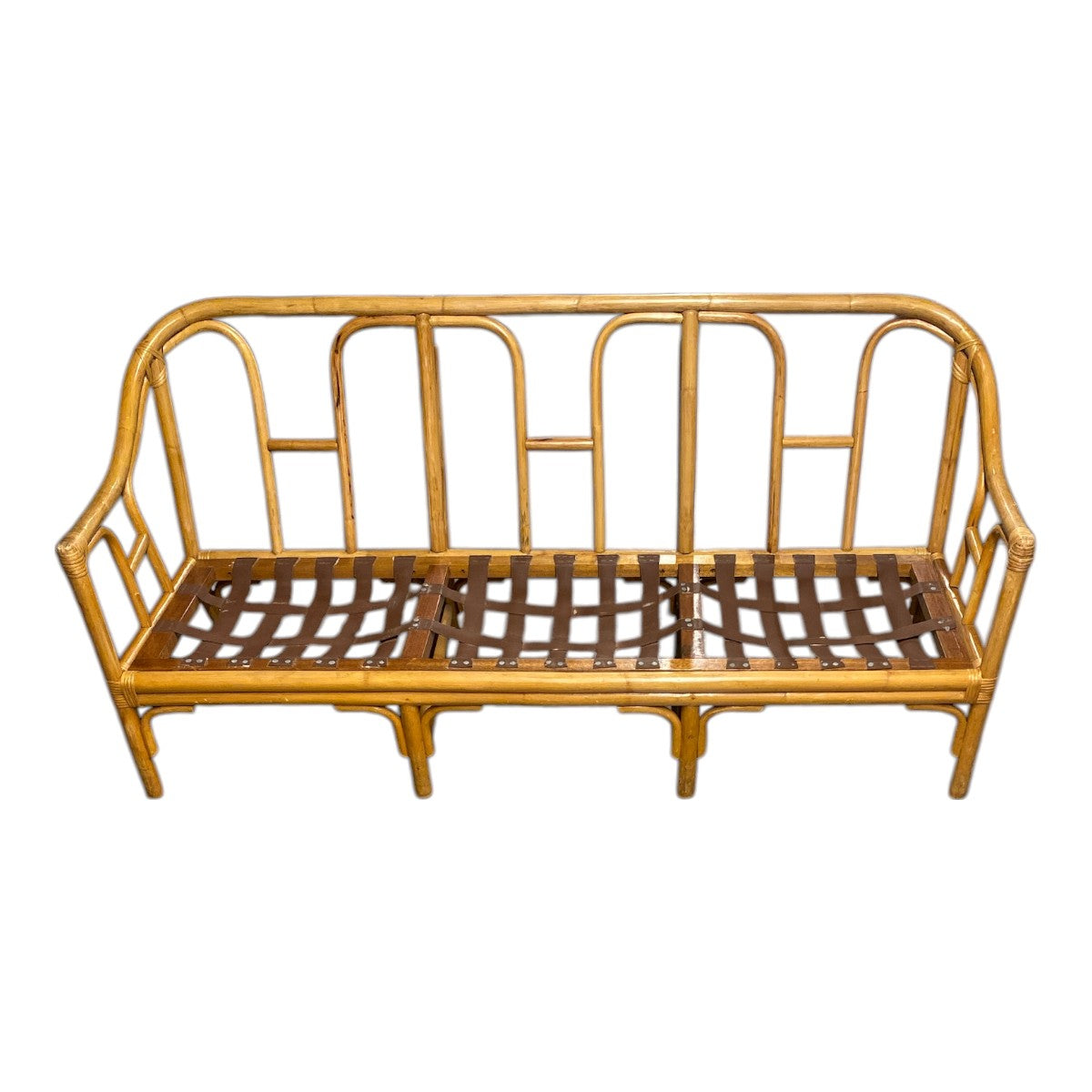 Vintage Rattan 3‐Seat Sofa – Arched Bamboo Frame + Original 70s Plaid Cushions