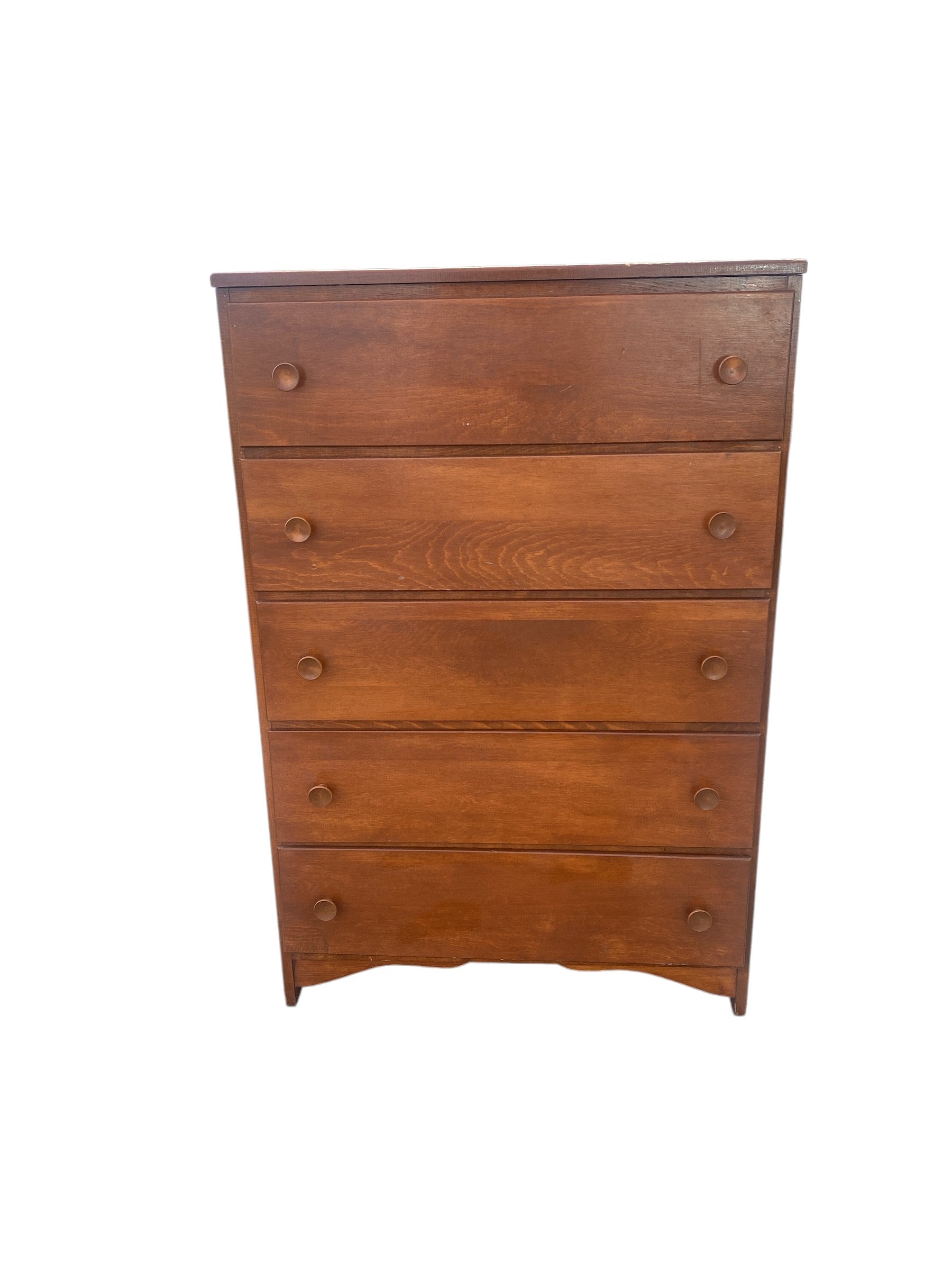 Vintage Solid Wood 5-Drawer Highboy Dresser — Warm Walnut Tone, Mid-Century Style, Round Knob Pulls