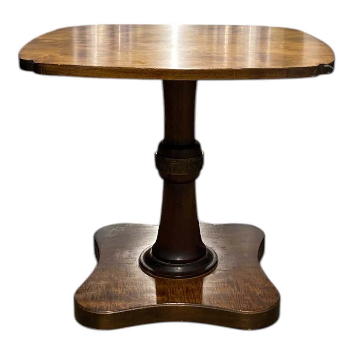 Vintage Figured-Wood Pedestal Side Table / Lamp Table w Quatrefoil Base