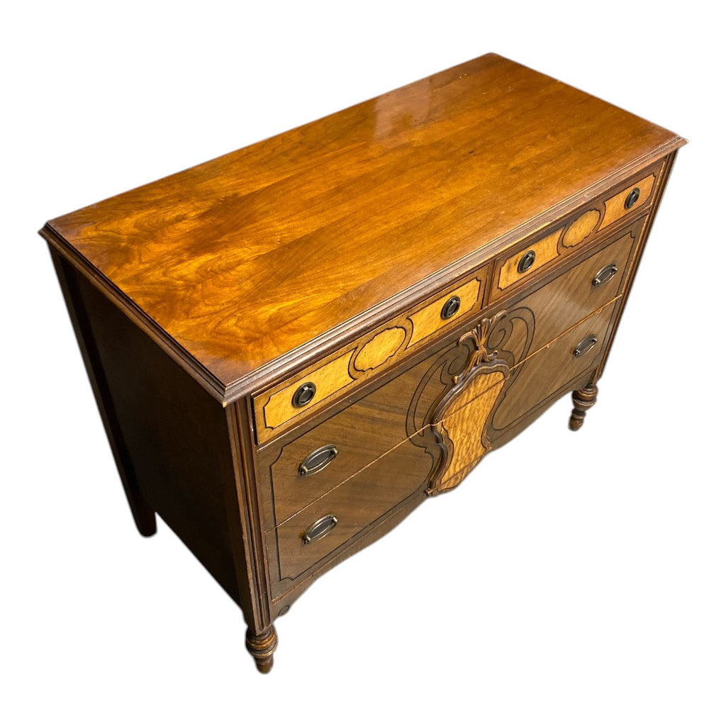 Antique 1920s–30s Mahogany & Birdseye Maple Dresser — Carved Scrollwork, Turned Legs