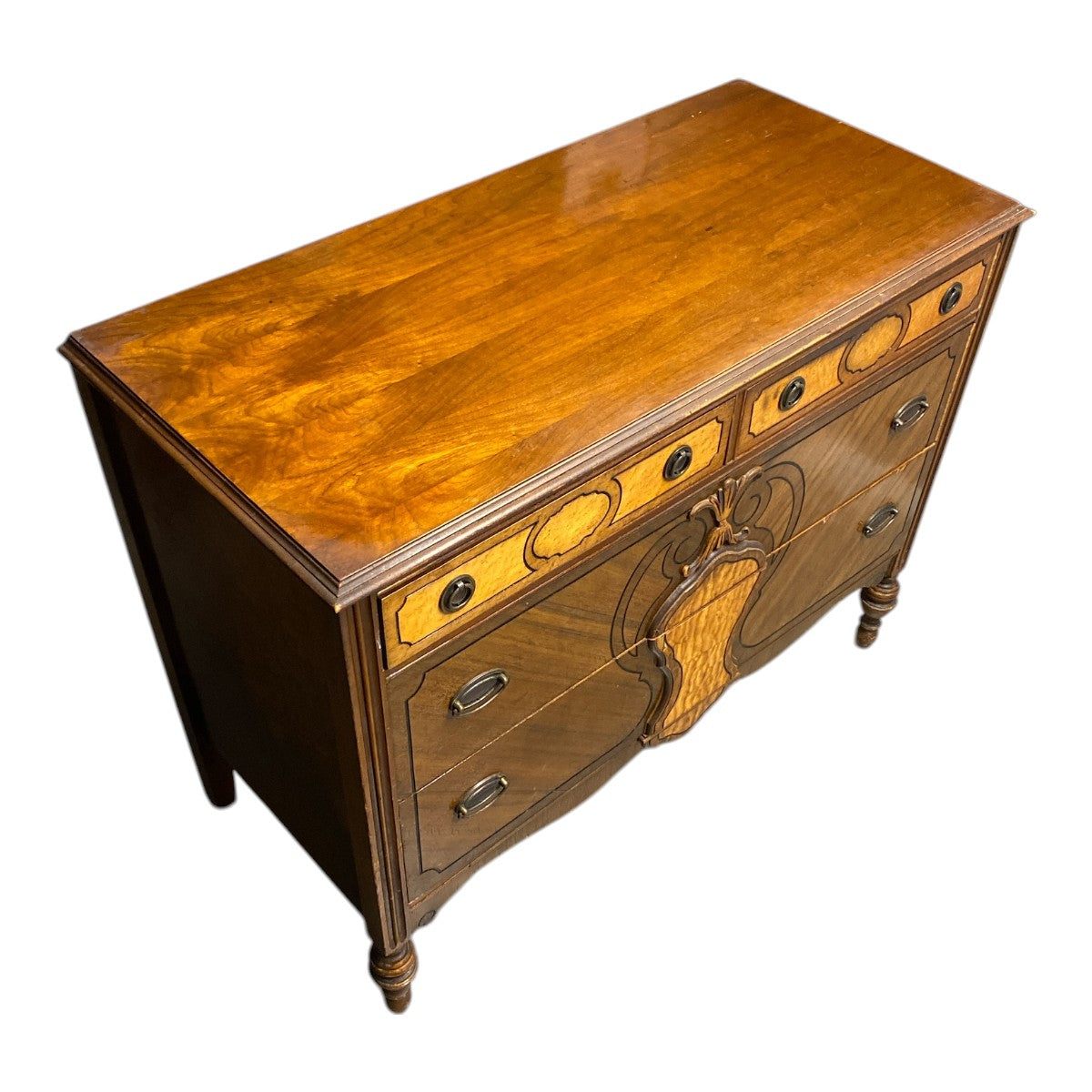 Antique 1920s–30s Mahogany & Birdseye Maple Dresser — Carved Scrollwork, Turned Legs