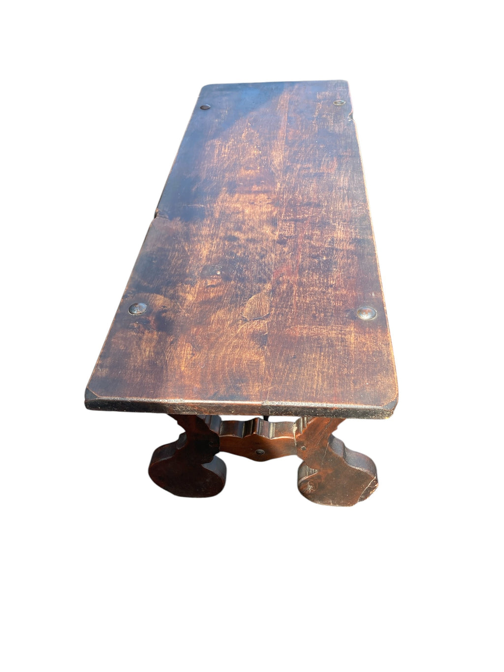 Vintage Spanish Colonial Trestle Bench / Low Table — Dark Walnut, Lyre-Cut Base, Iron Bolt Hardware
