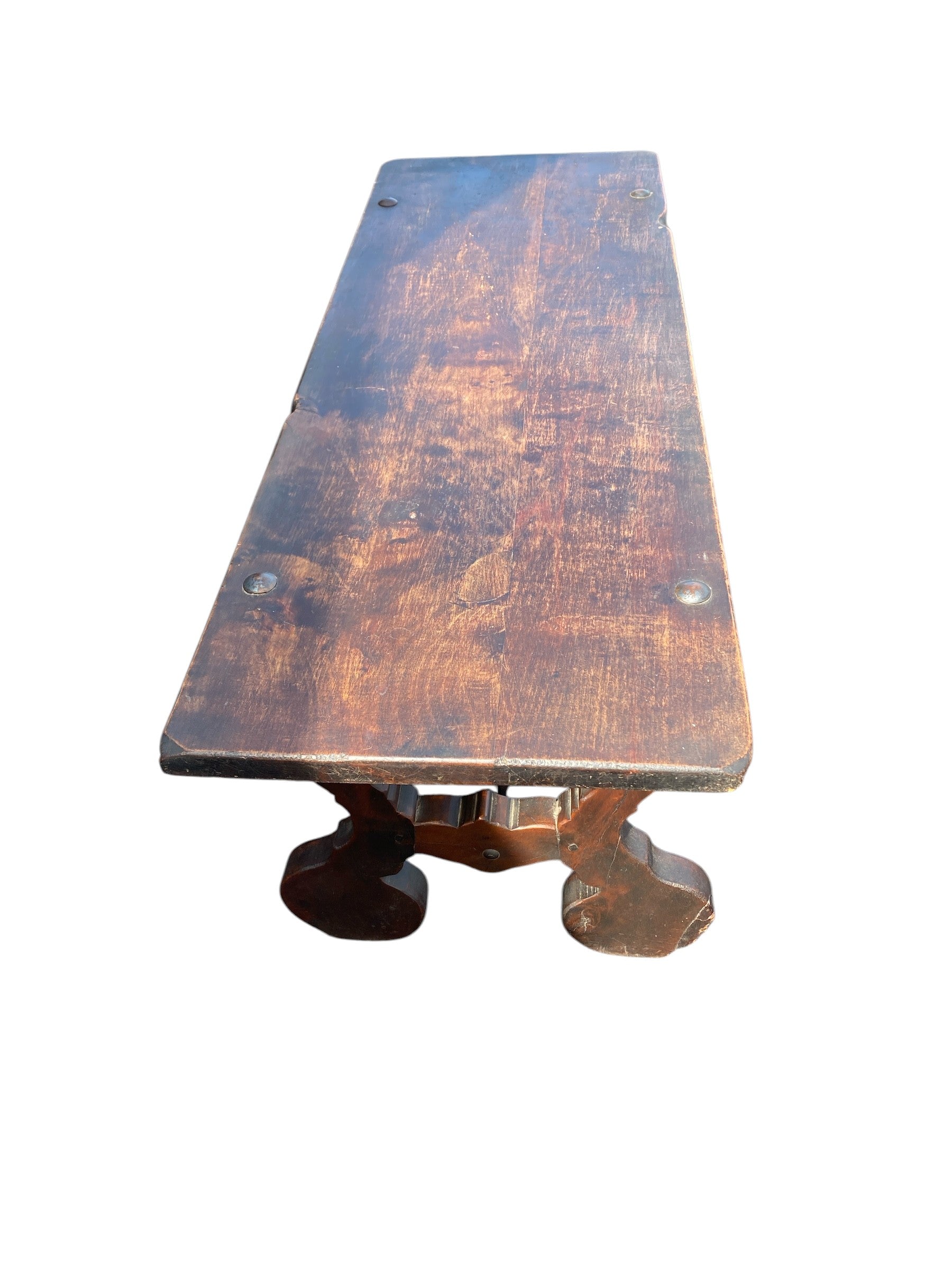 Vintage Spanish Colonial Trestle Bench / Low Table — Dark Walnut, Lyre-Cut Base, Iron Bolt Hardware