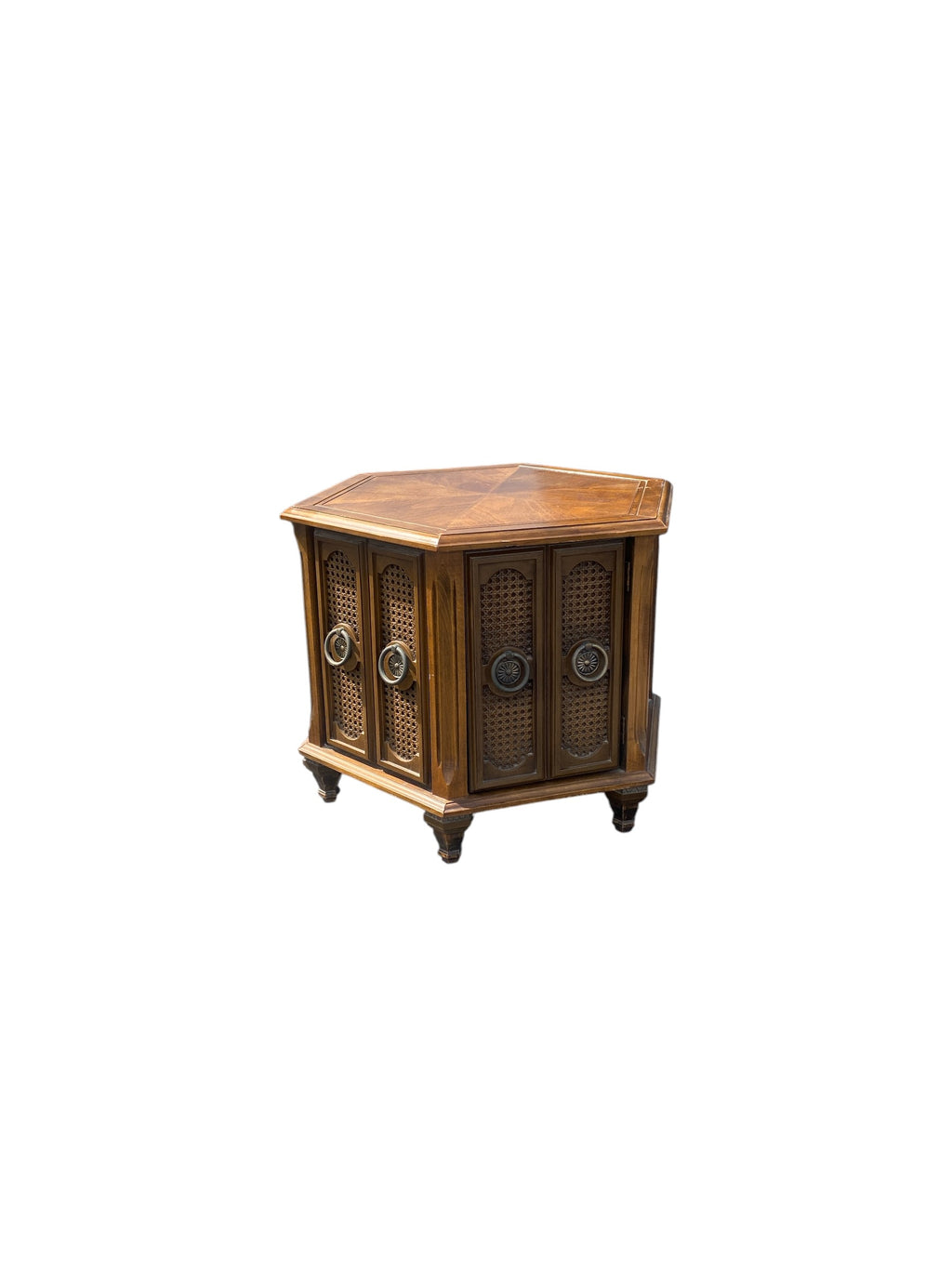 Vintage Mid-Century Hexagonal Walnut Cabinet End Table — Cane Door Panels, Brass Ring Pulls
