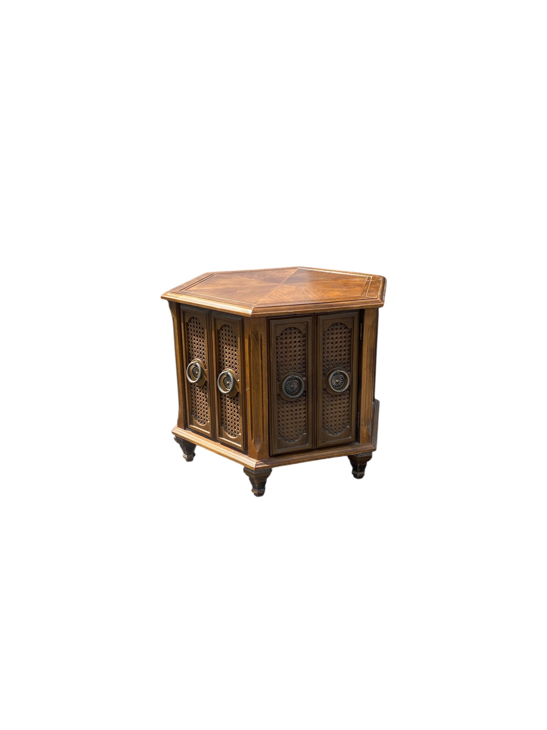 Vintage Mid-Century Hexagonal Walnut Cabinet End Table — Cane Door Panels, Brass Ring Pulls