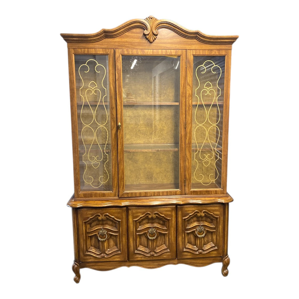 Vintage French Provincial Two-Piece China Cabinet / Hutch — Gold Scroll Etched Glass