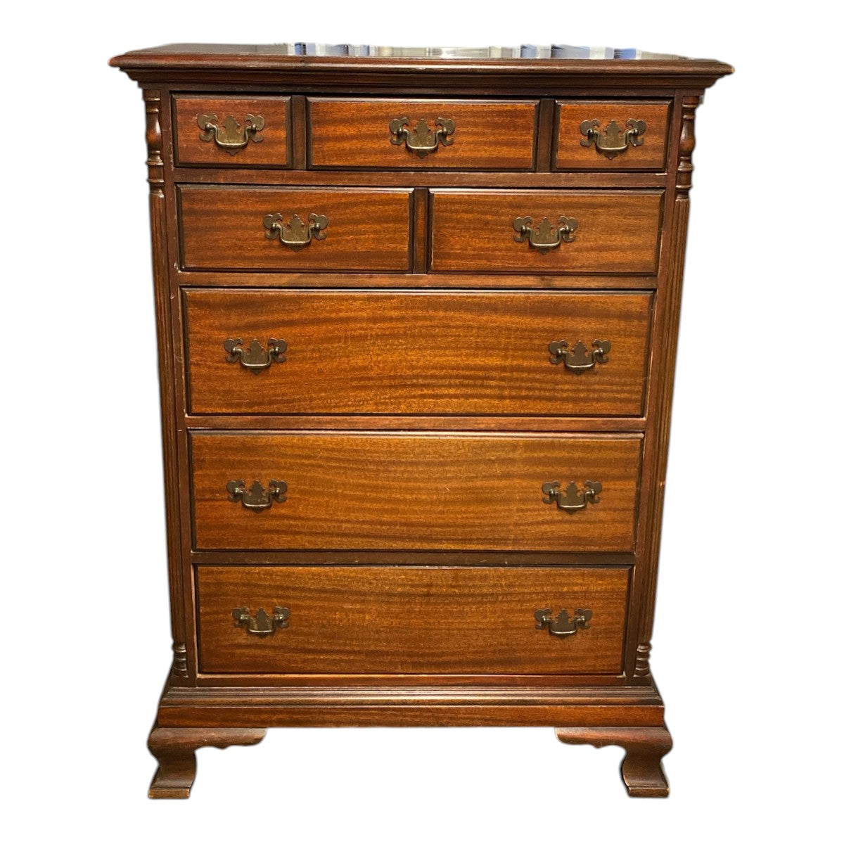 Vintage Mahogany Chippendale Style 8-Drawer Tall Chest with Ogee Feet