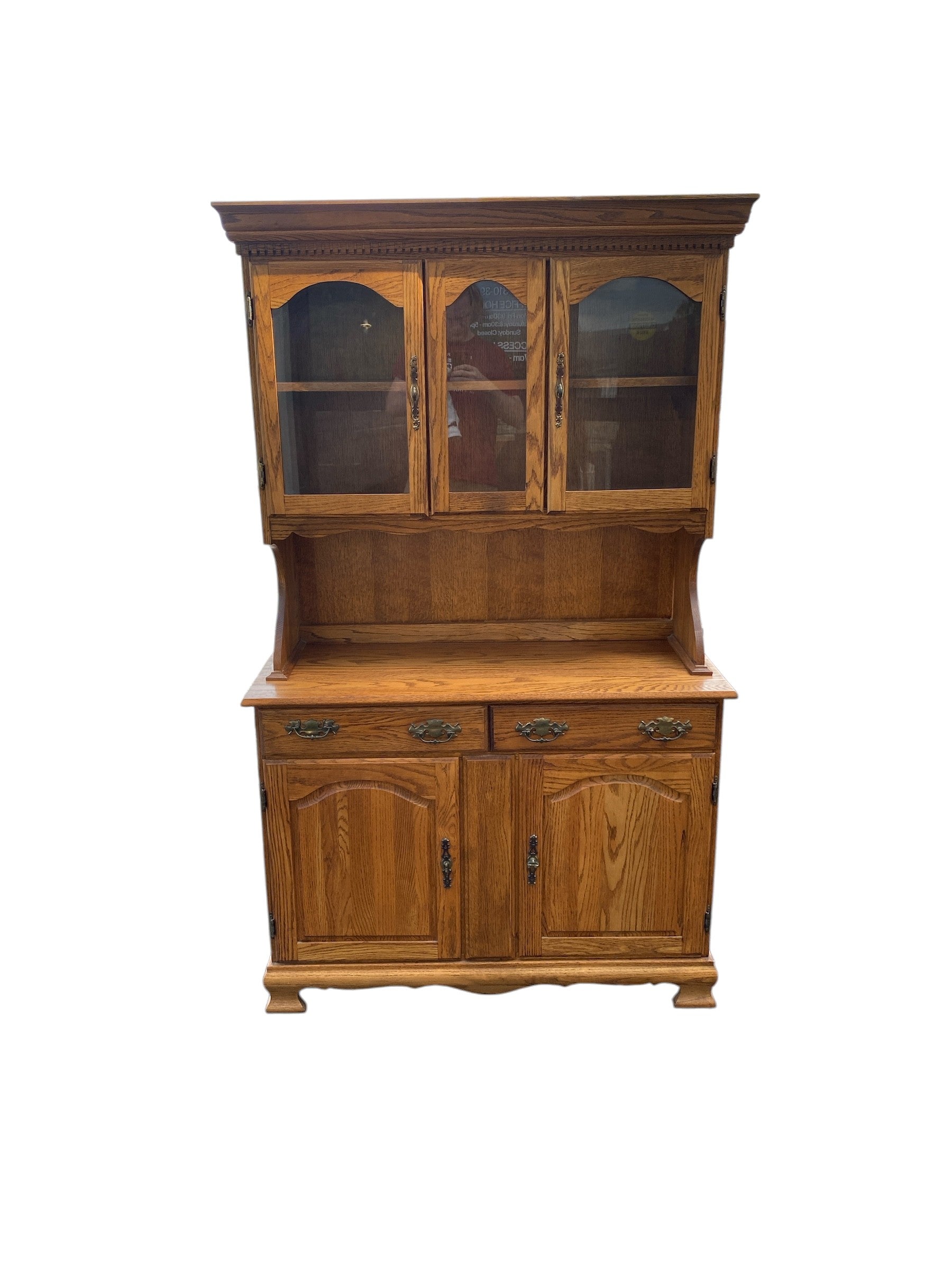 High Point Woodworking Solid Oak China Hutch — 3-Door Glass Display, Buffet Base, Dentil Crown Moldi
