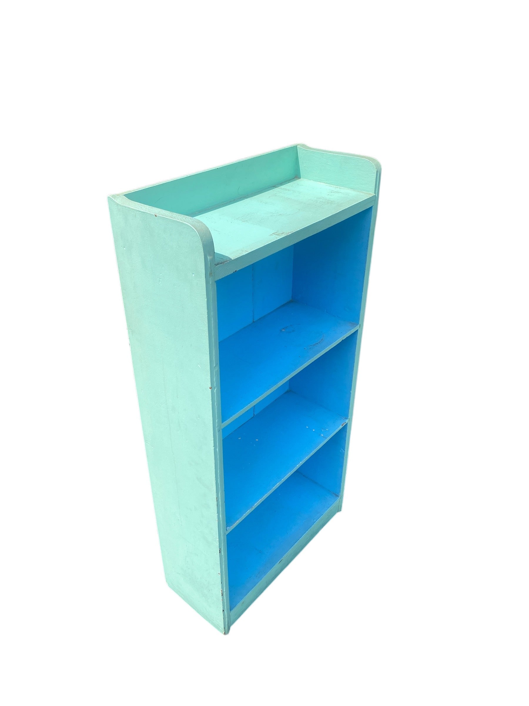 Vintage Painted Wood Bookcase — Aqua & Sky Blue Two-Tone, 3-Shelf with Gallery Top Rail