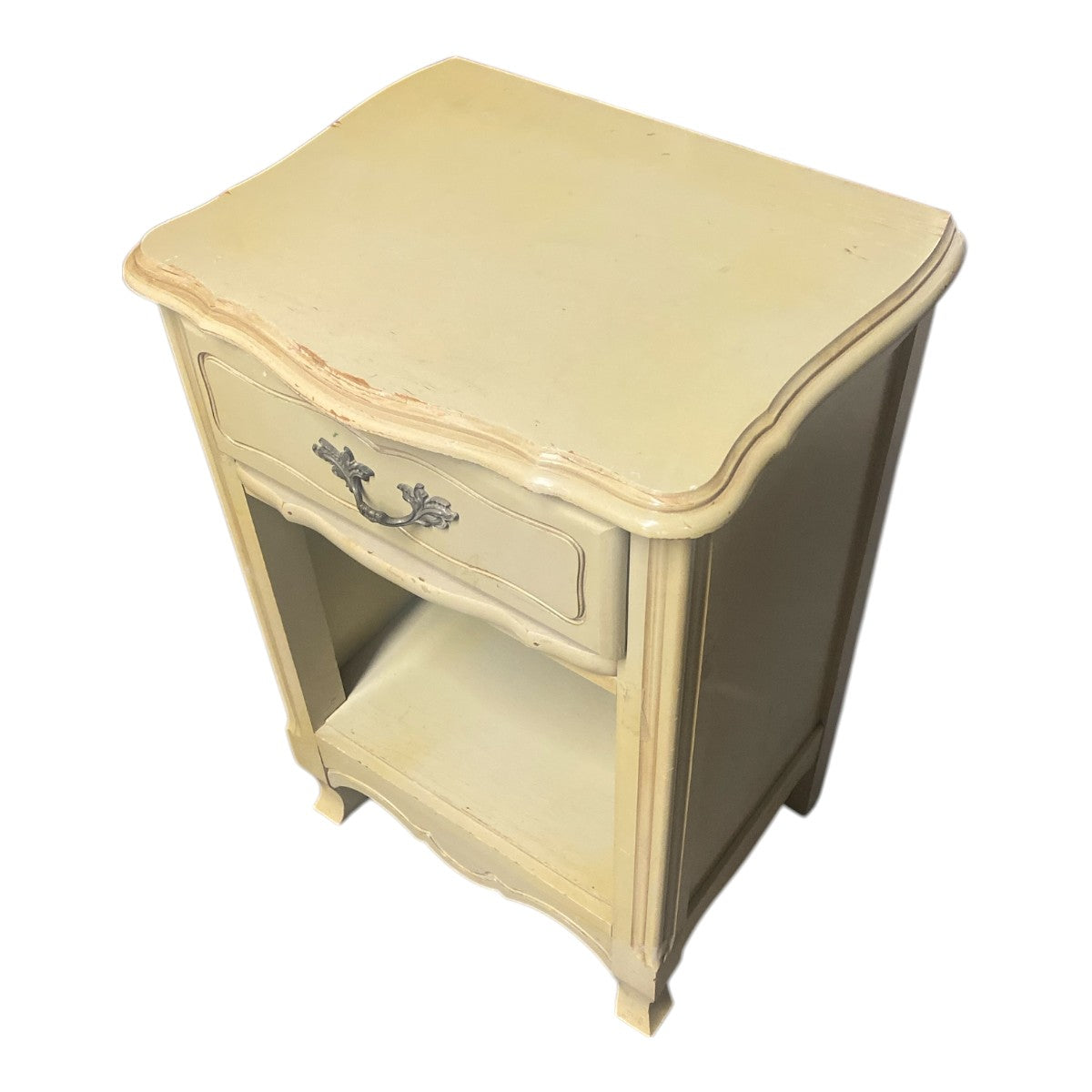 Vintage French Provincial Cream Nightstand – 1‑Drawer Bedside Table with Open Shelf