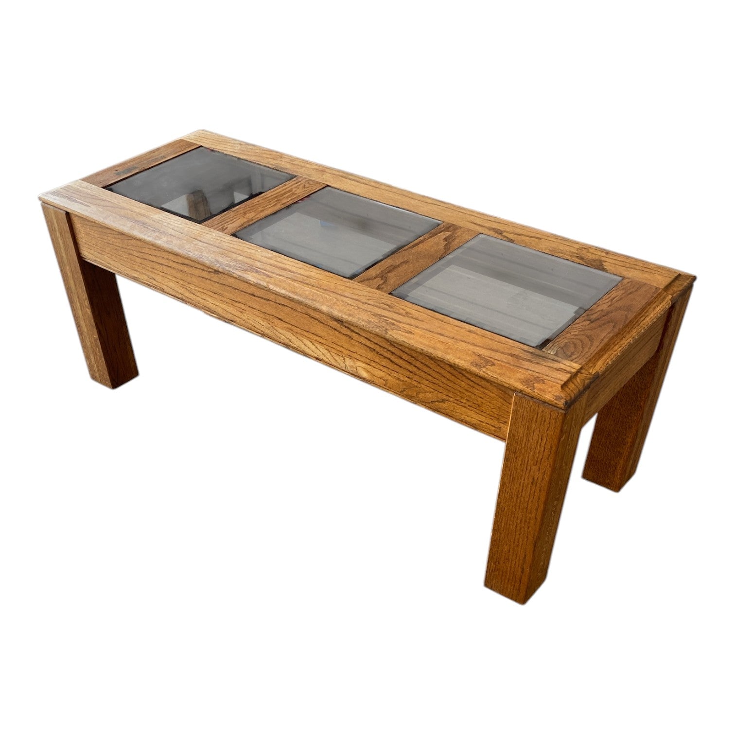 Vintage Solid Oak Coffee Table with Glass Panel Top