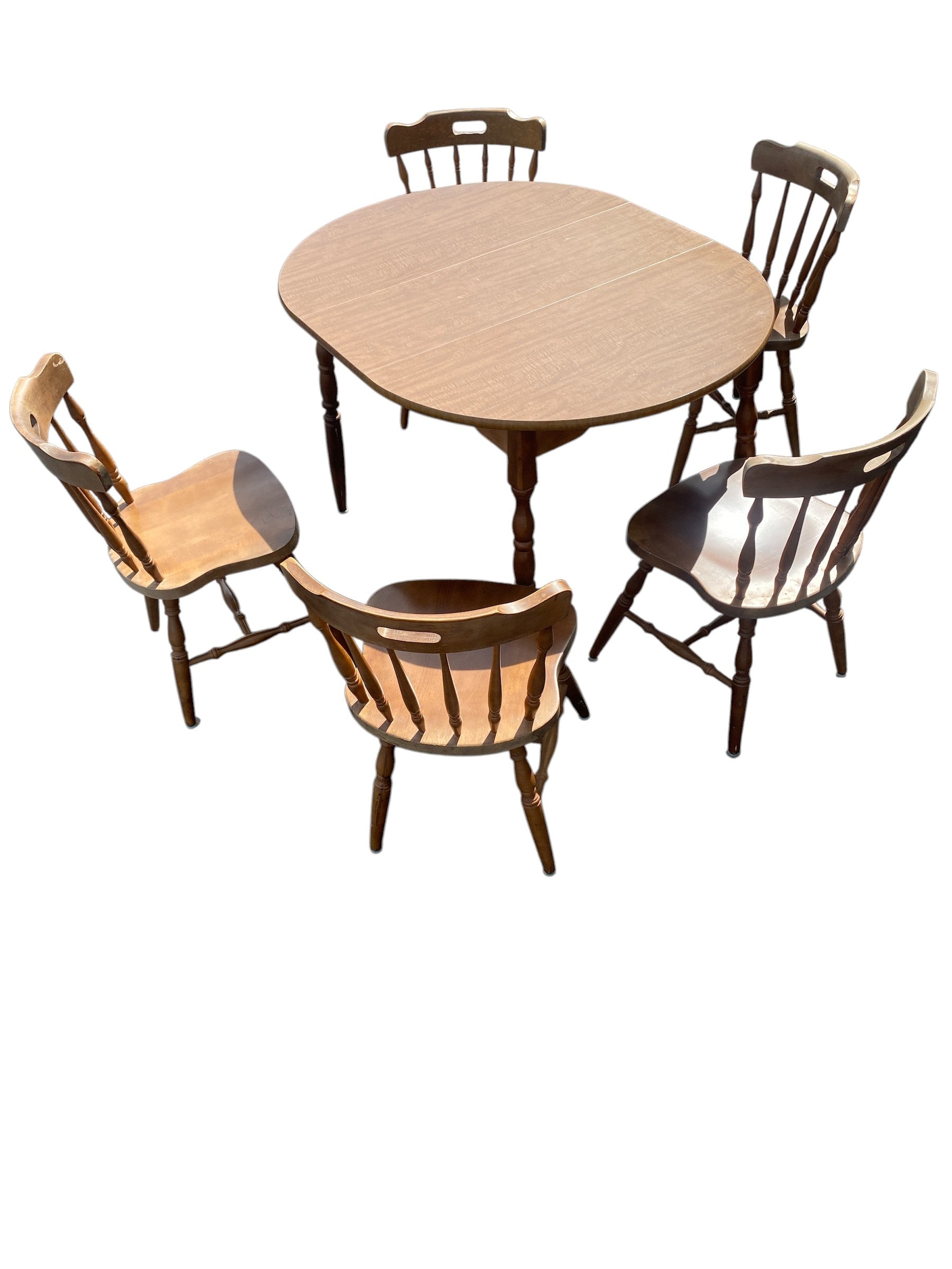Vintage Solid Maple Drop-Leaf Dining Table + 4 Windsor Spindle Chairs — Colonial Farmhouse, Seats 5