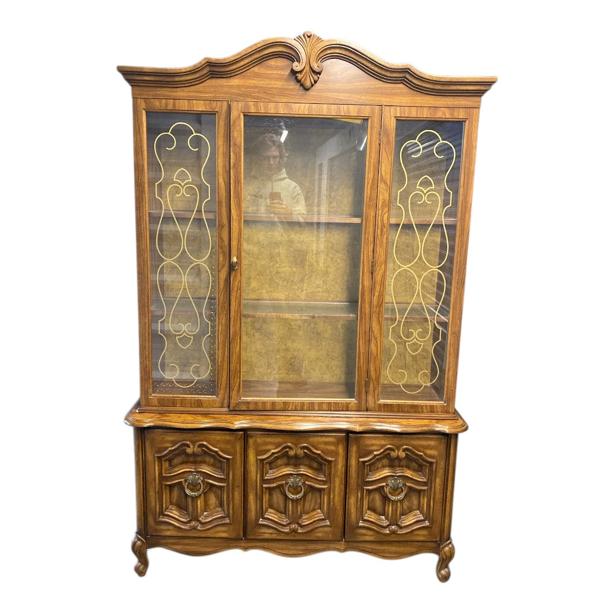 Vintage French Provincial Two-Piece China Cabinet / Hutch — Gold Scroll Etched Glass