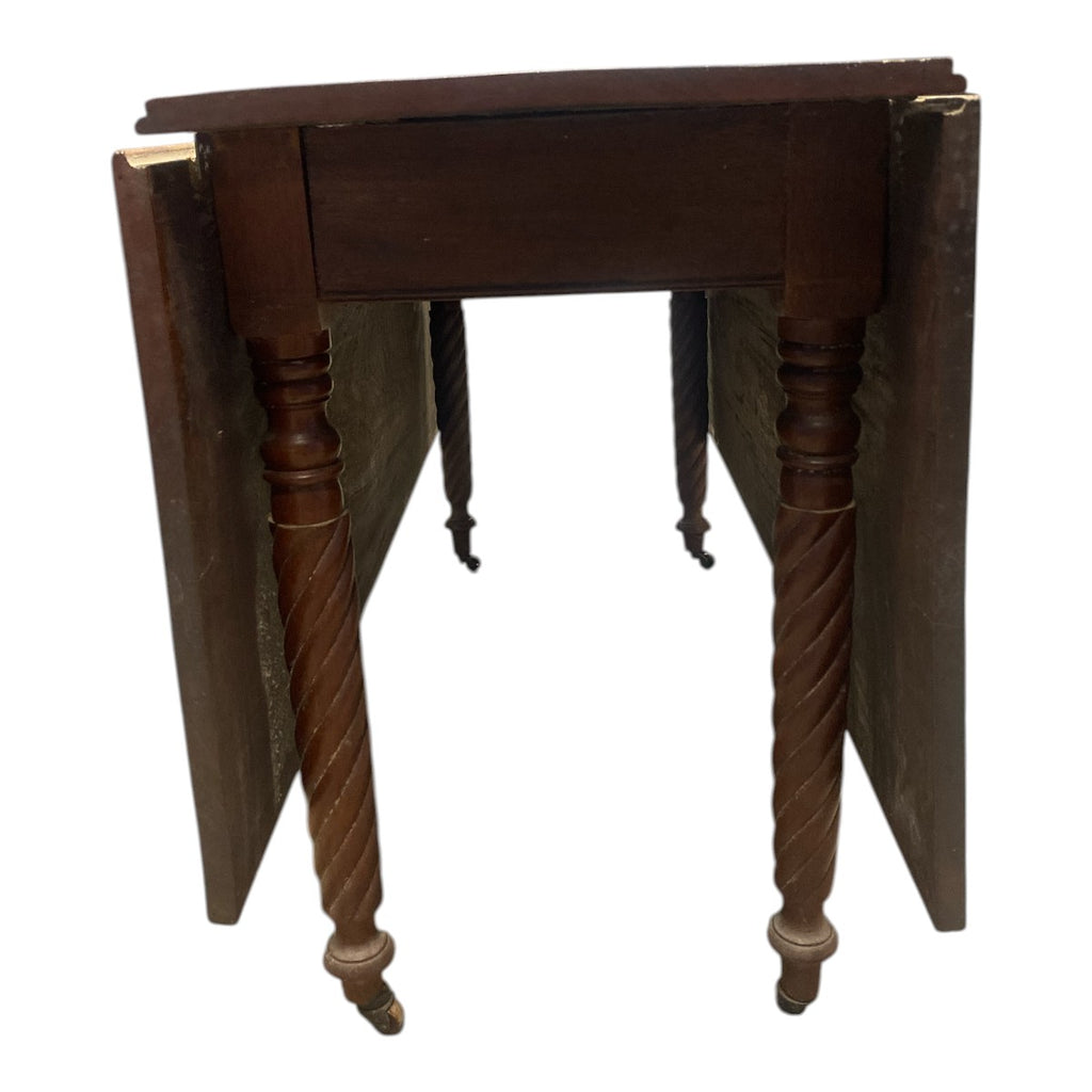 Federal Mahogany Drop‐Leaf Table – Rope‐Carved Legs on Casters – ca. 1820 New England