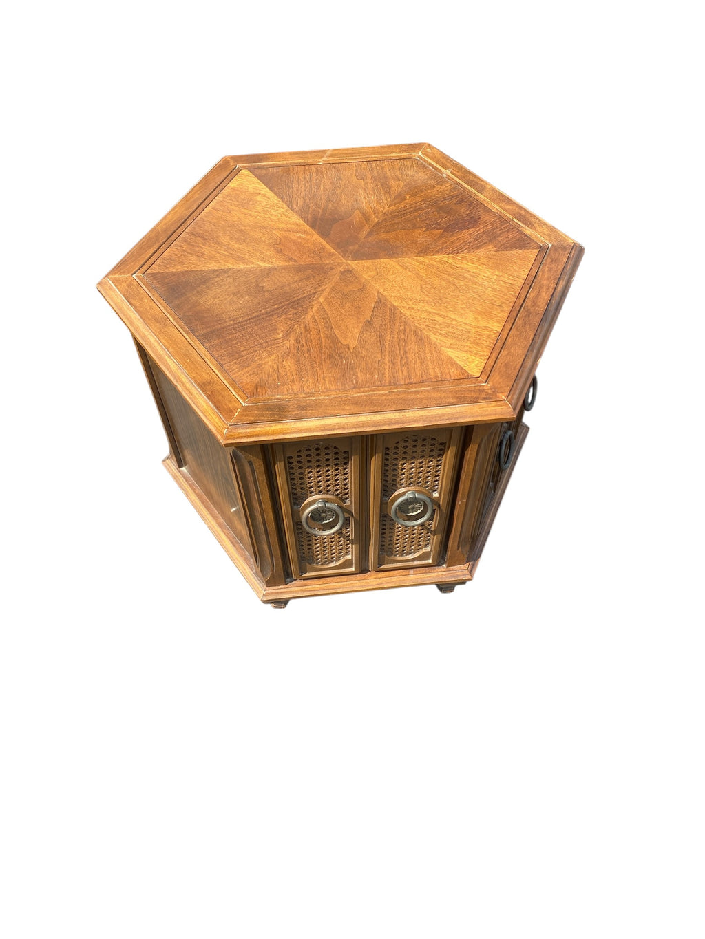 Vintage Mid-Century Hexagonal Walnut Cabinet End Table — Cane Door Panels, Brass Ring Pulls