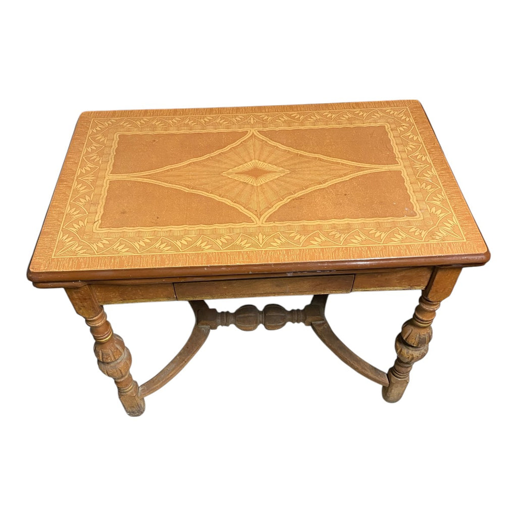 Vintage Enamel Top Pull-Out Extension Side Table w/ Drawer – Turned Legs & X-Stretcher