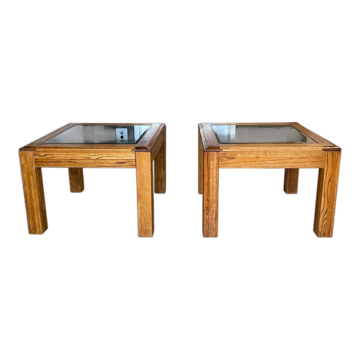 Vintage Oak & Smoked Glass Parsons End Tables – 1970s, Solid Build