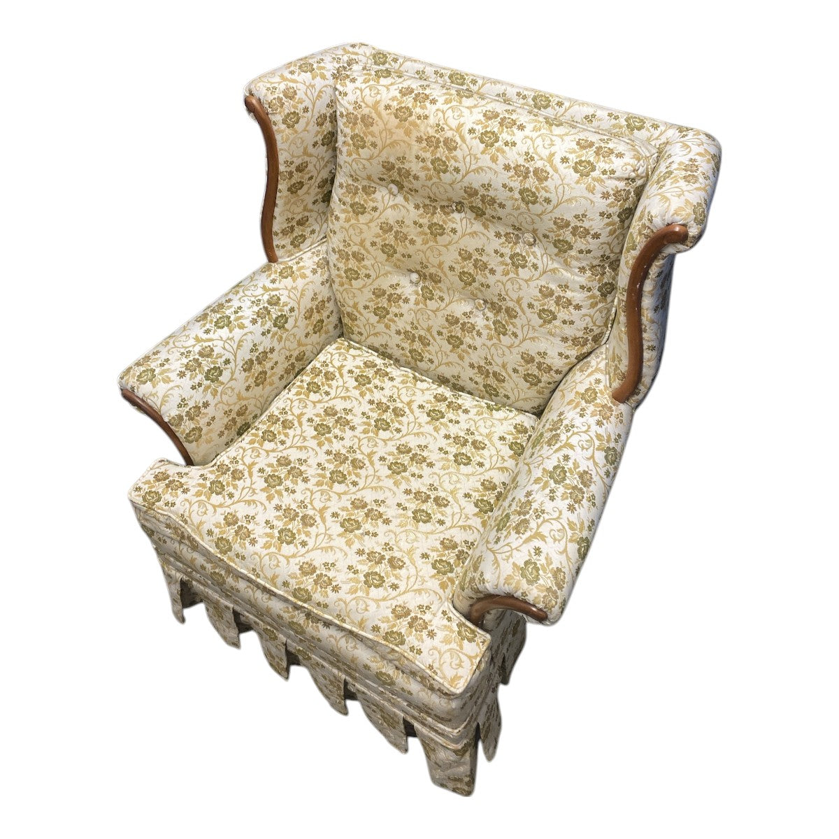 Vintage Cream & Gold Floral Wingback Chair – Deep Seat, Skirted Base, Hickory NC Comfort