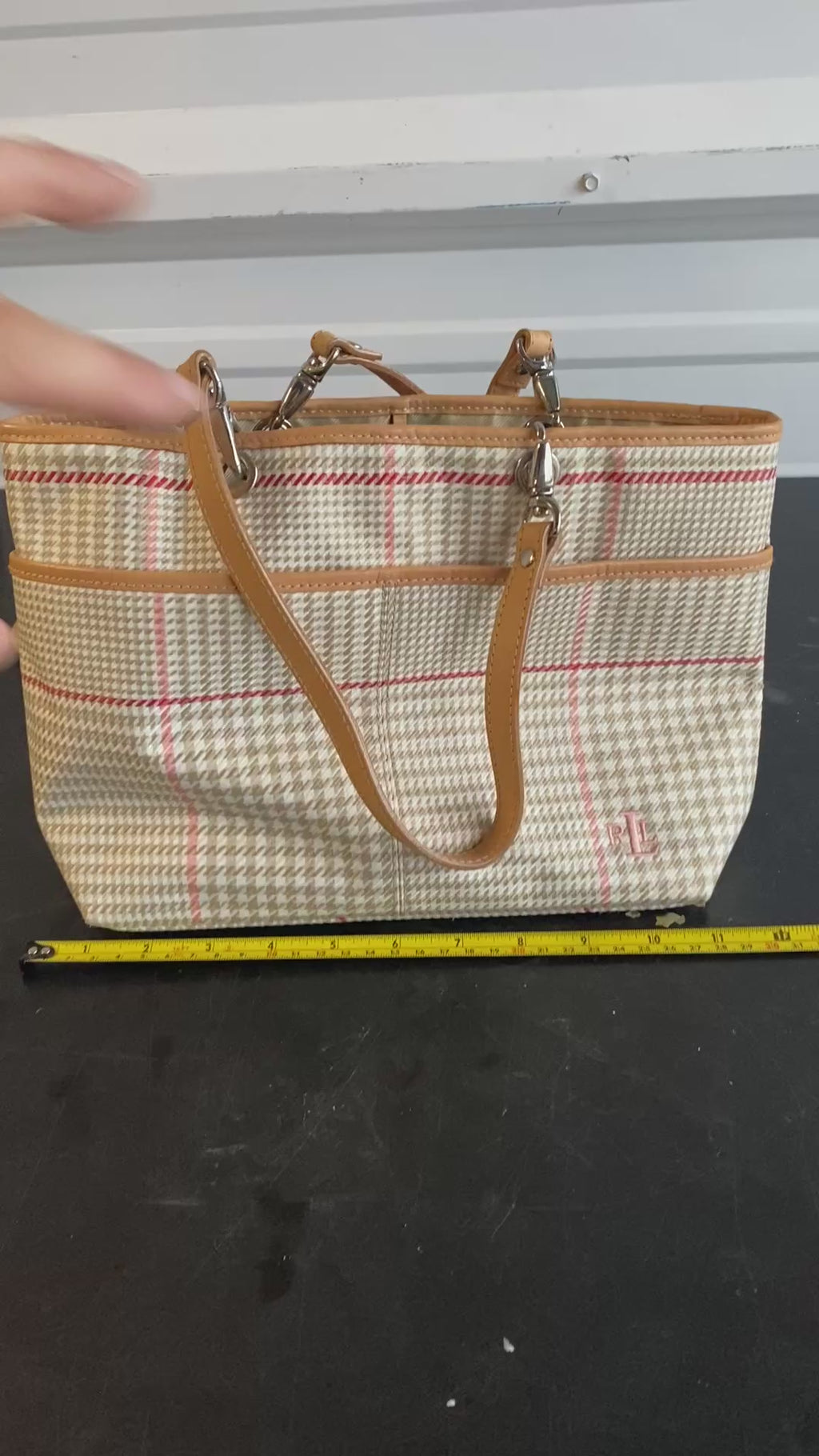 Lauren Ralph Lauren Glen Plaid Tote Bag with Tan Leather Trim