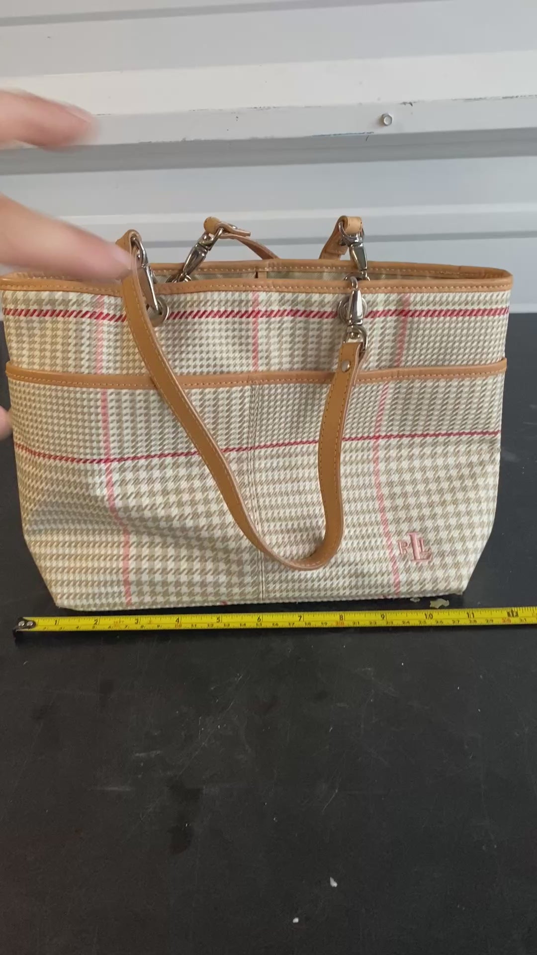 Lauren Ralph Lauren Glen Plaid Tote Bag with Tan Leather Trim