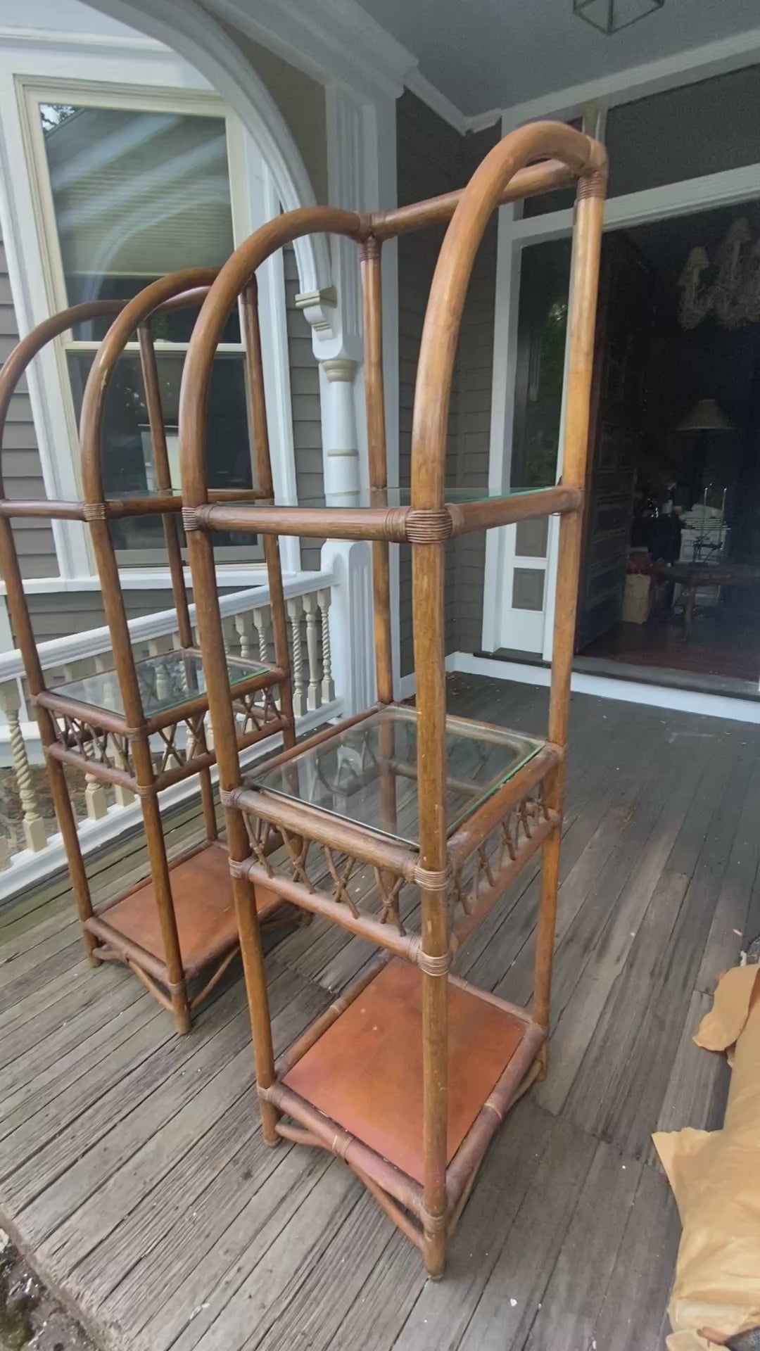 Pair Vintage Bent Rattan Étagères with Glass Shelves & X-Pattern Detail