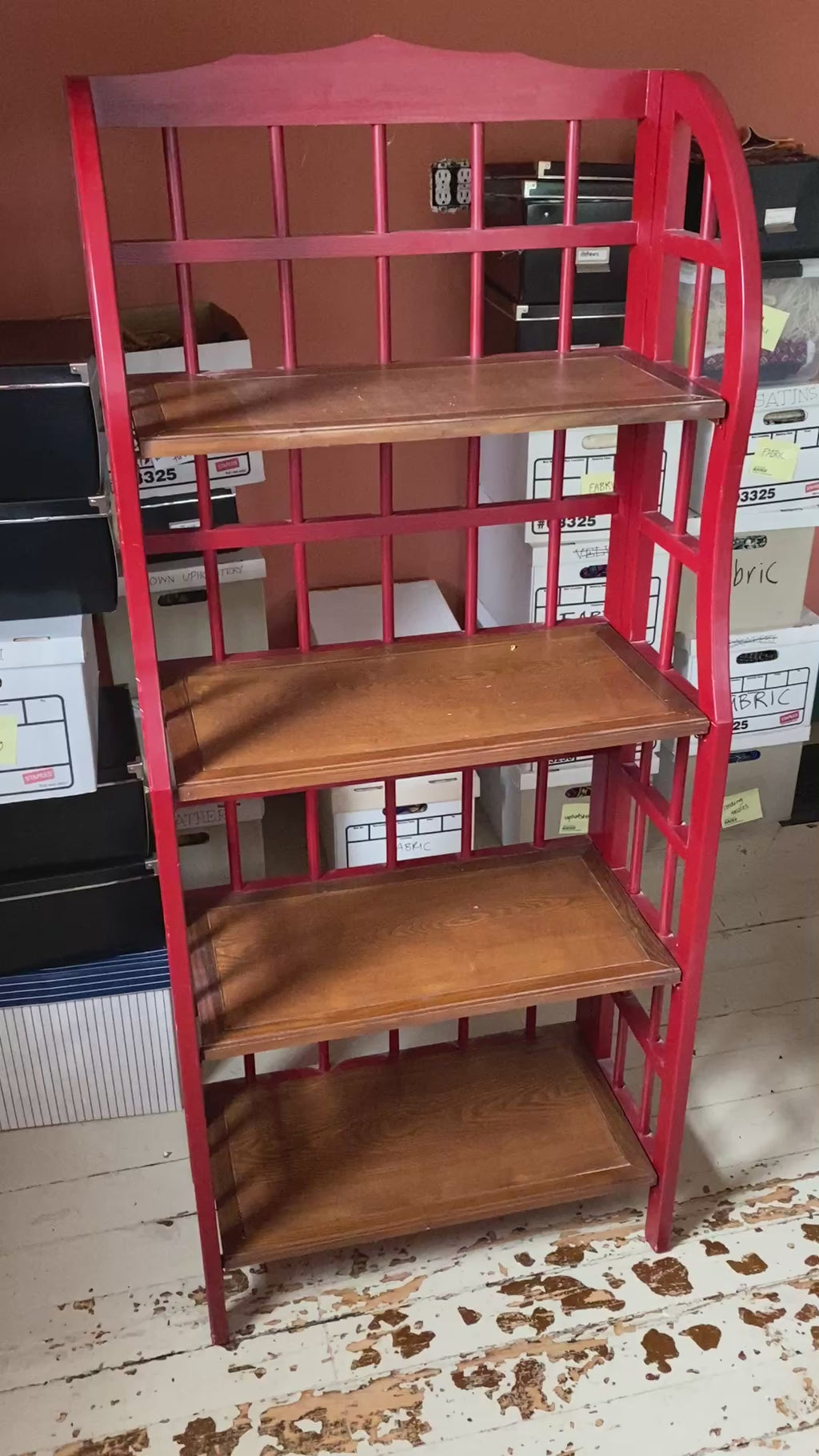 Vintage Lattice-Back Étagère with Oak Shelves, Bold Red Painted Frame