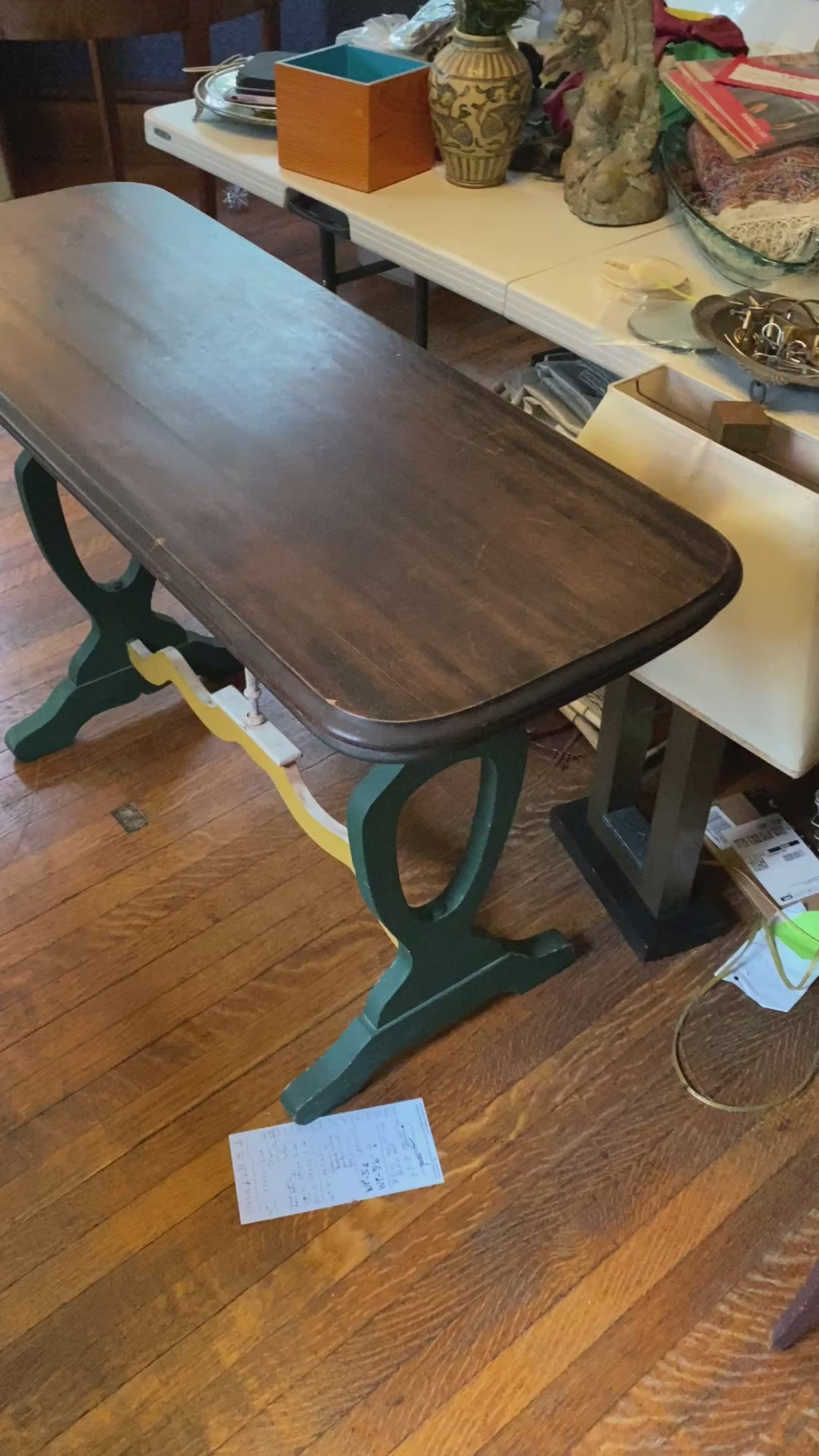 Vintage Trestle Console Table with Painted Lyre Base & Walnut-Stained Top