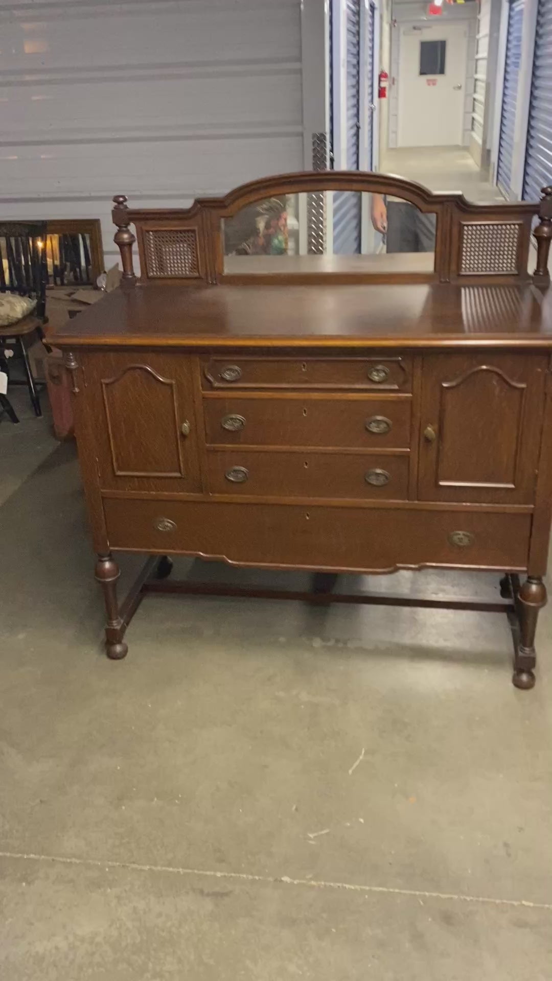 1920s Quartersawn Oak Jacobean Revival Sideboard with Beveled Mirror & Cane Pane
