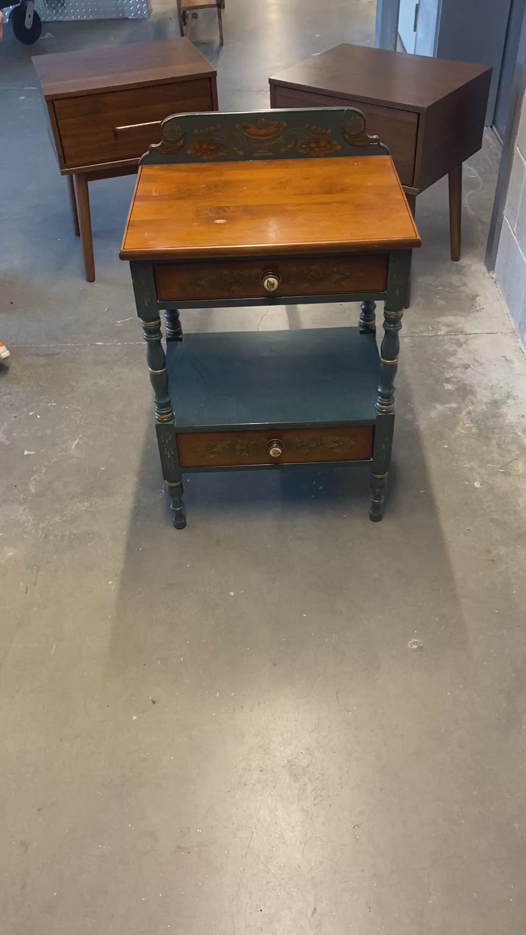 Hitchcock-Style Two-Drawer Washstand with Hand-Stenciled Fruit Basket Motif