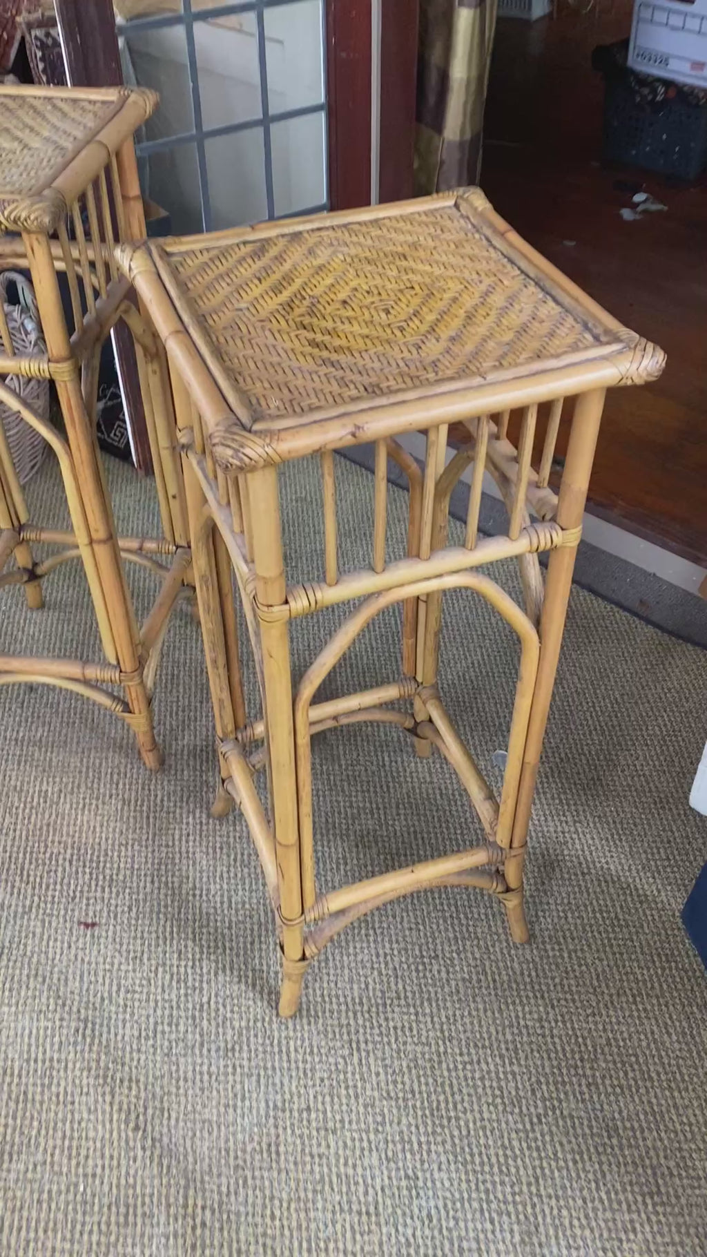 Vintage Rattan & Woven Cane Plant Stands Pair — British Colonial Style Nesting