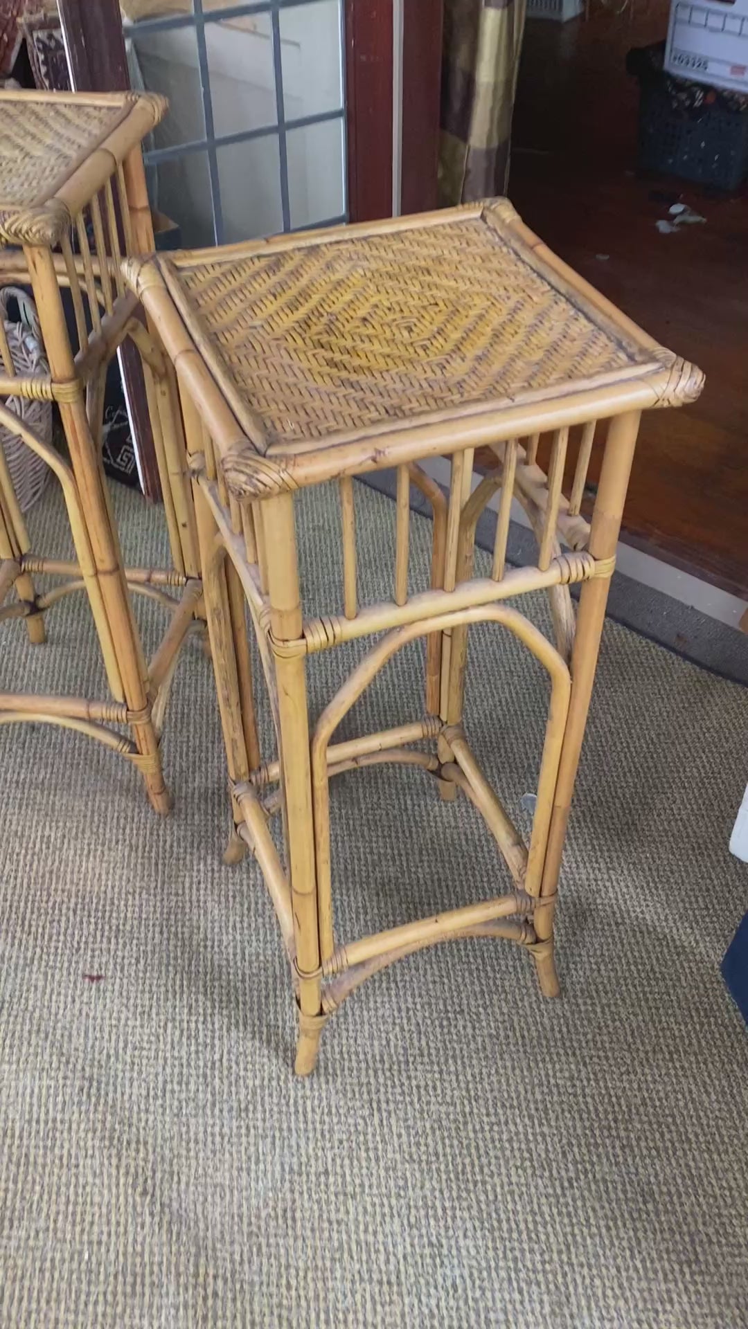 Vintage Rattan & Woven Cane Plant Stands Pair — British Colonial Style Nesting