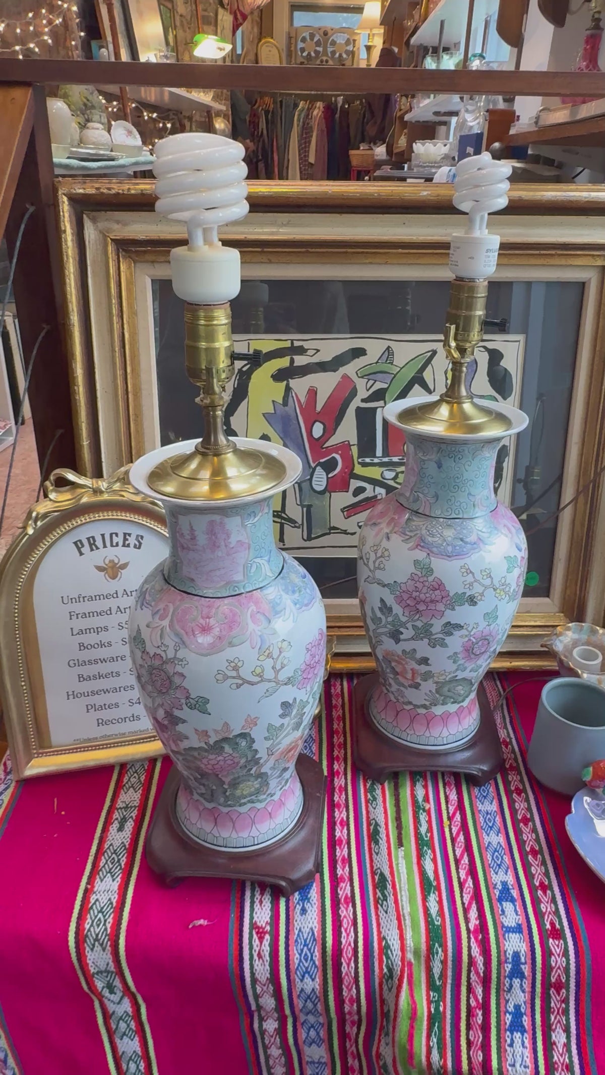Pair Chinese Famille Rose Porcelain Table Lamps with Rabbits on Carved Wood Base