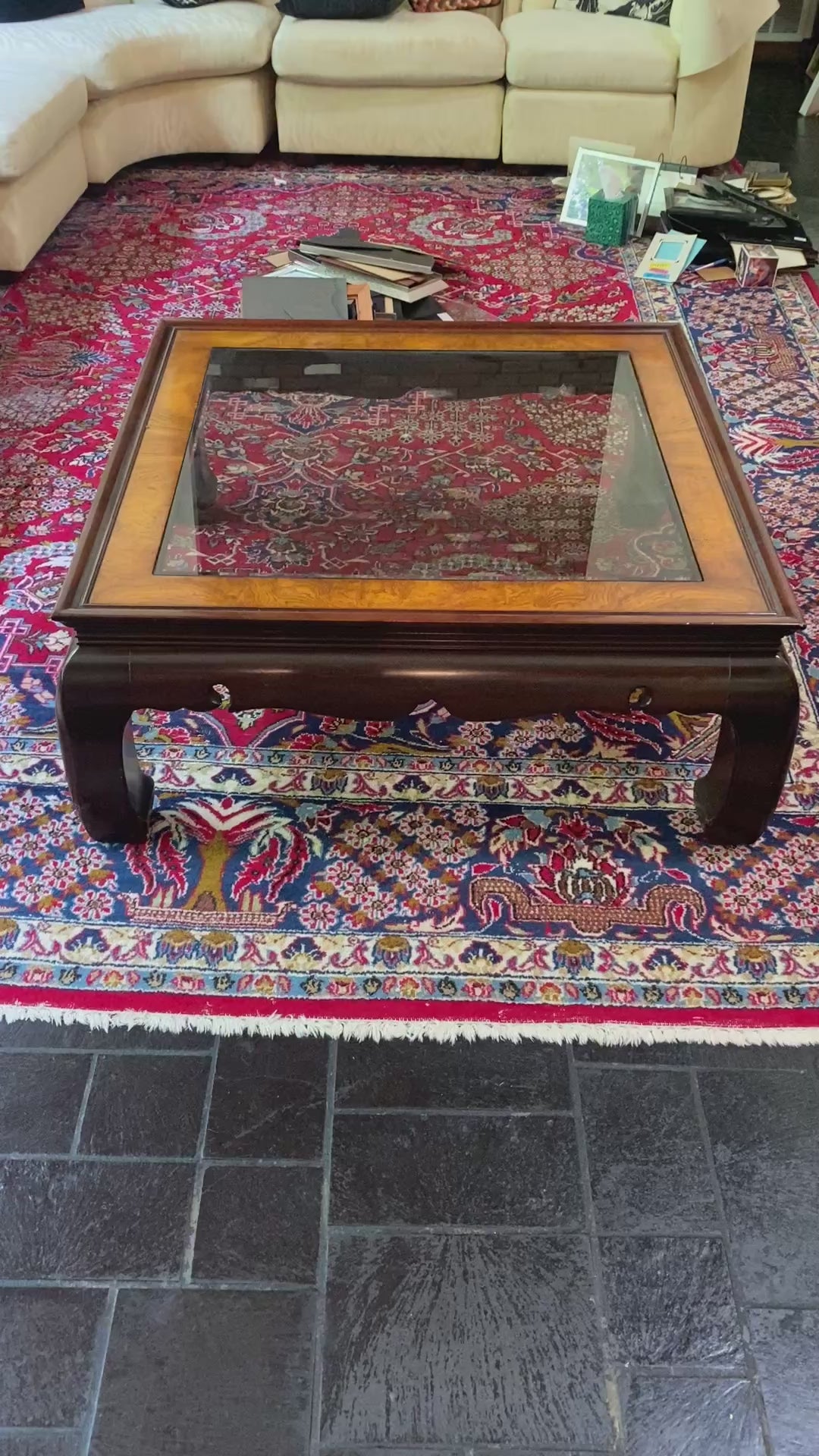 Ming-Style Square Coffee Table with Burl Wood Inlay & Beveled Glass Insert