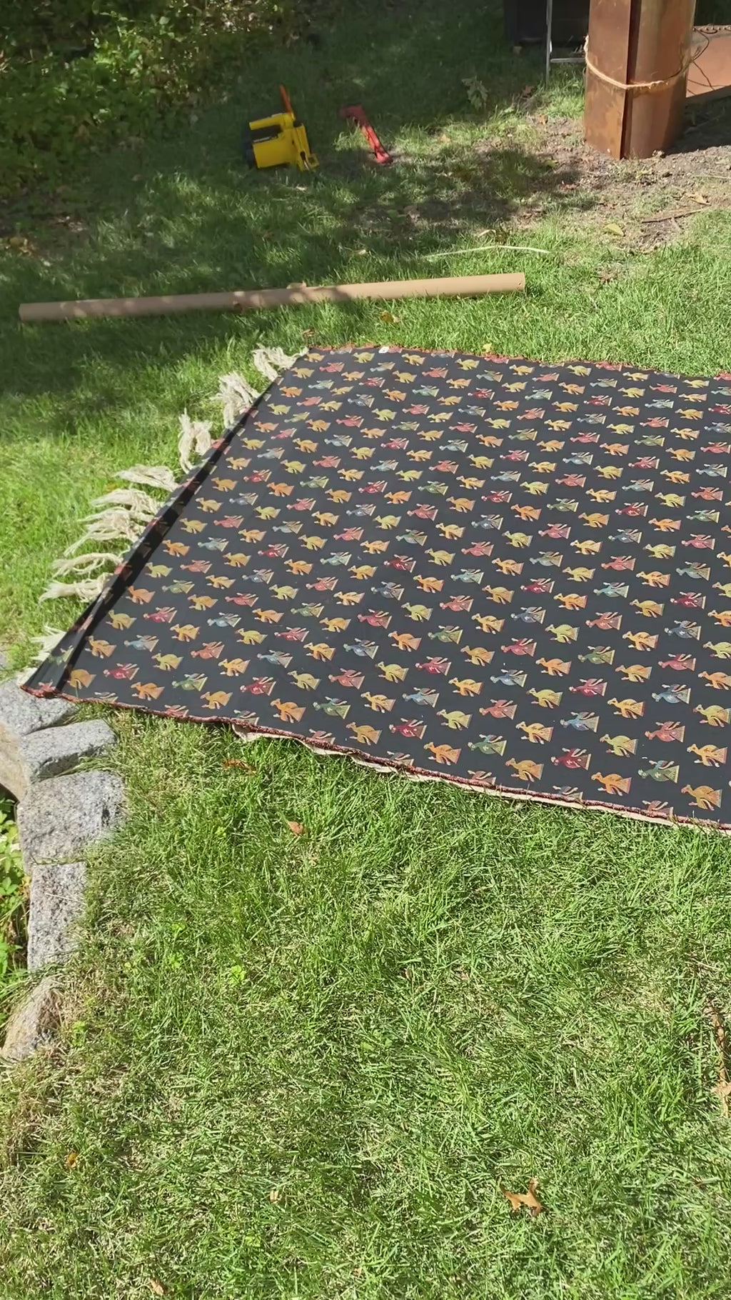 Vintage Woven Jacquard Throw with Folk Art Bird Motif & Fringe Trim