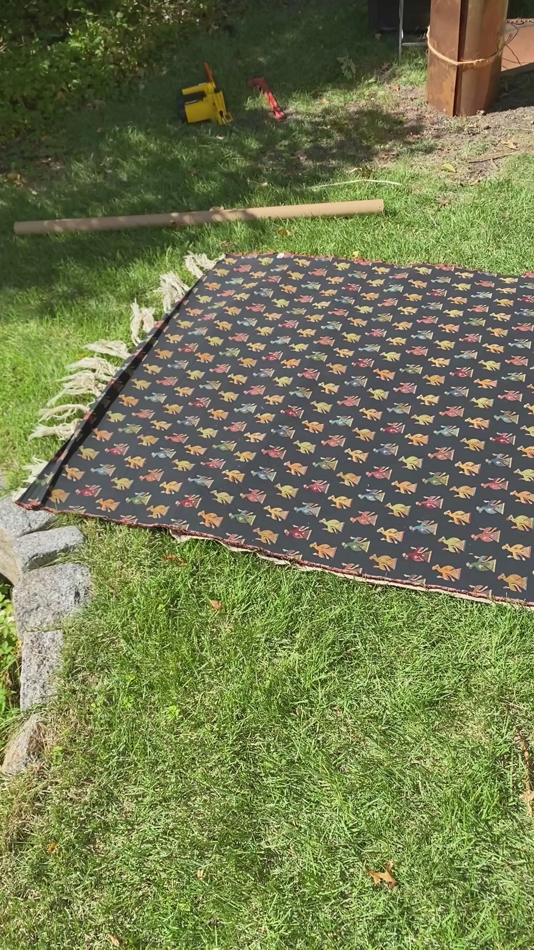 Vintage Woven Jacquard Throw with Folk Art Bird Motif & Fringe Trim