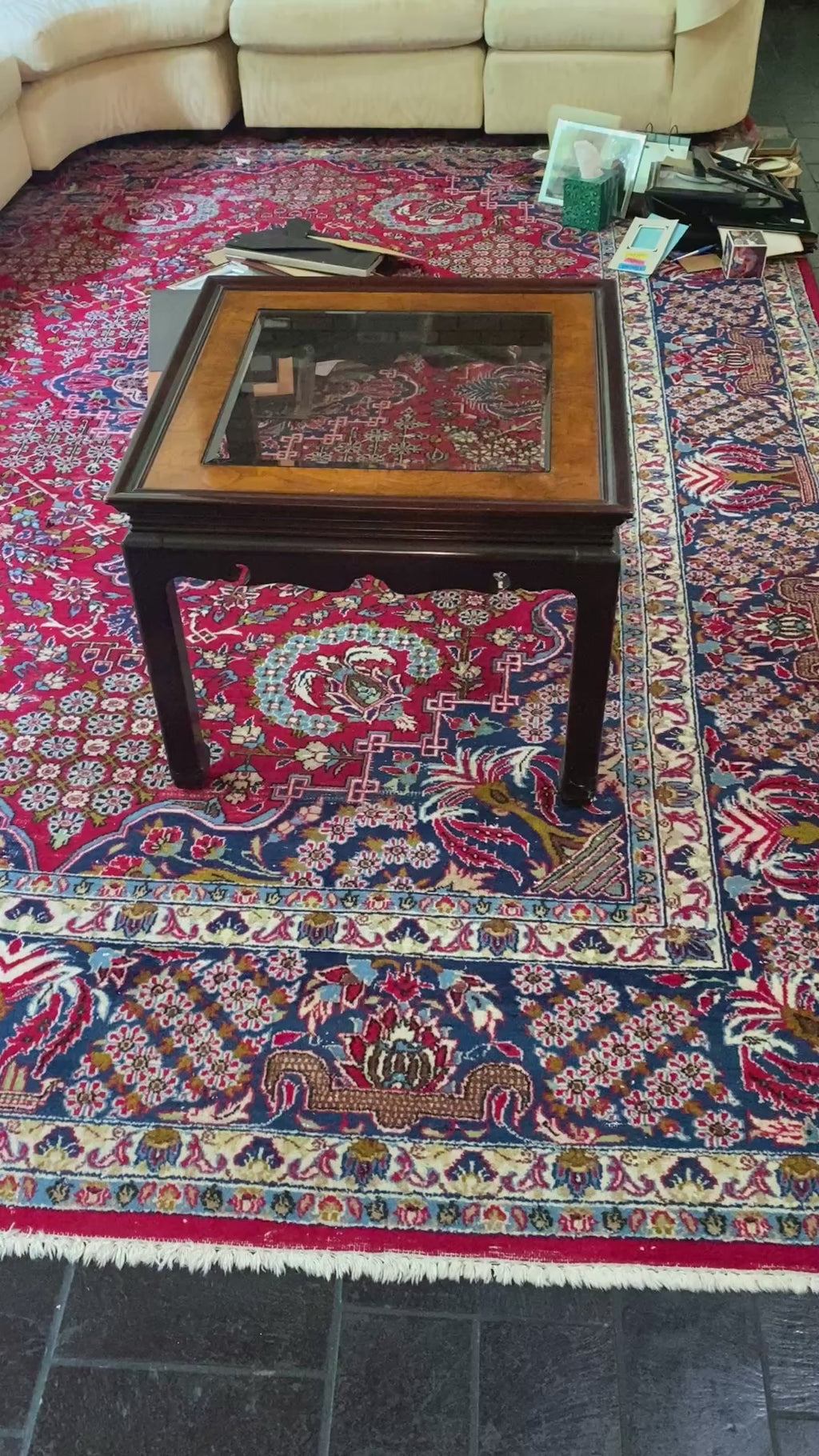 Ming-Style Chinoiserie Side Table with Burl Inlay & Beveled Glass Insert