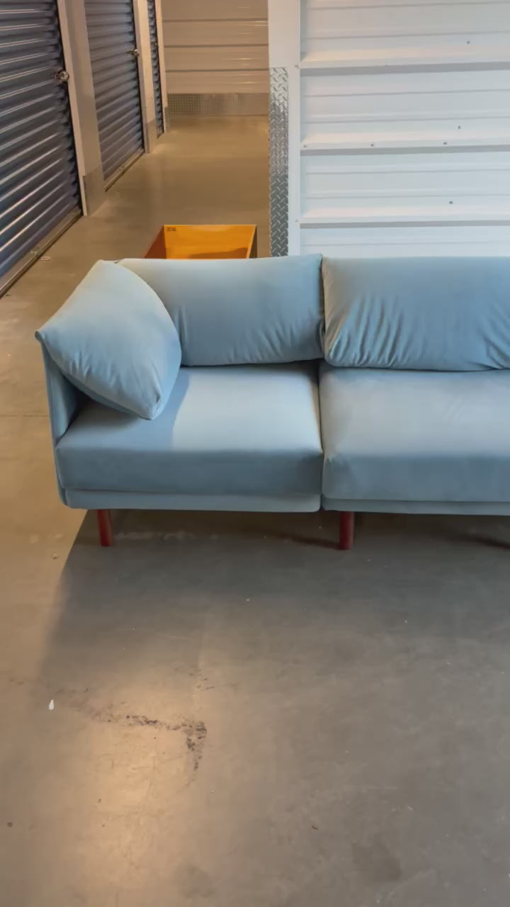 Burrow Range 3-Piece Modular Sofa in Dusty Blue Velvet with Walnut Legs