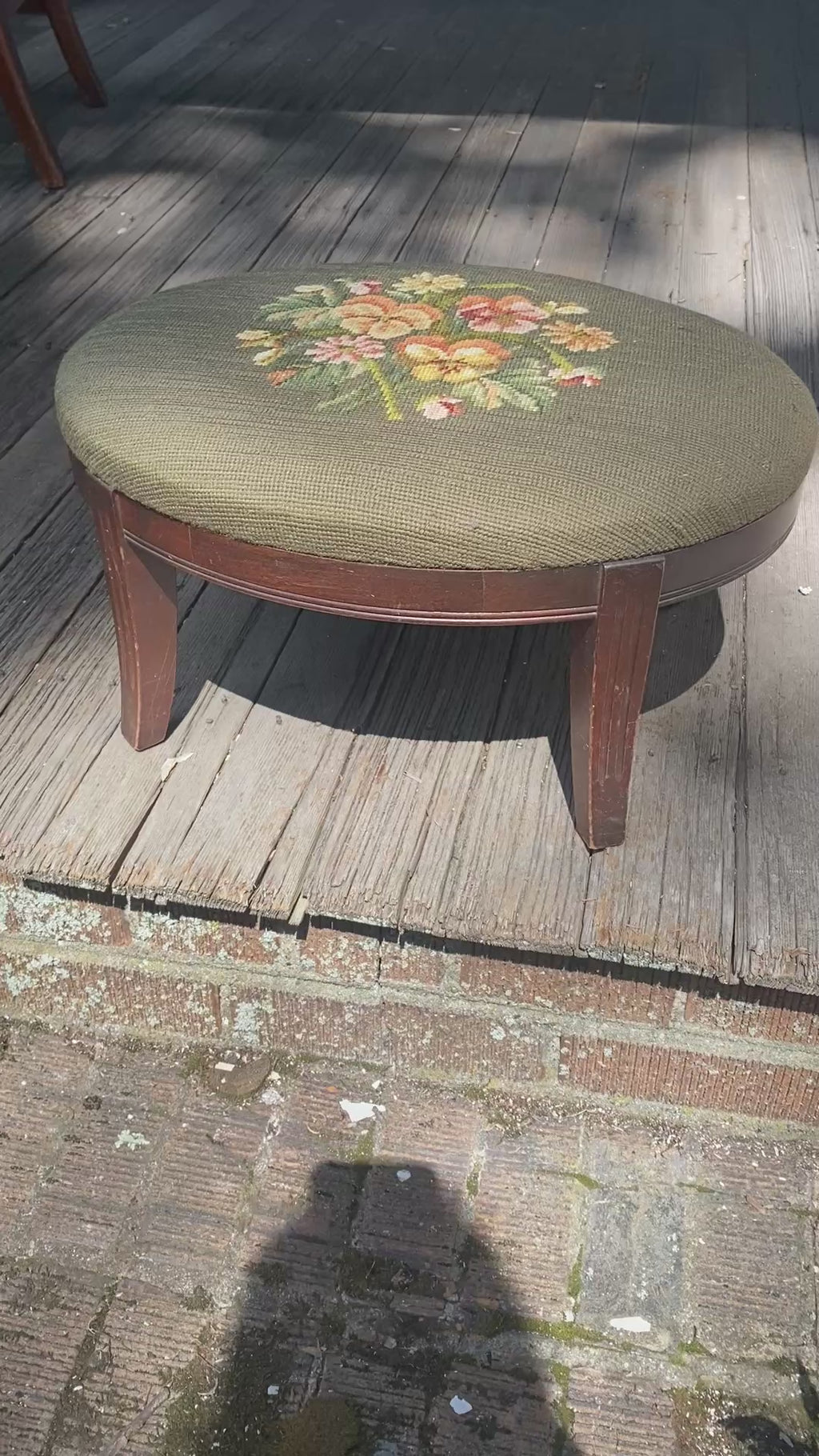 1940s Art Deco Oval Footstool with Hand-Worked Needlepoint Floral Top