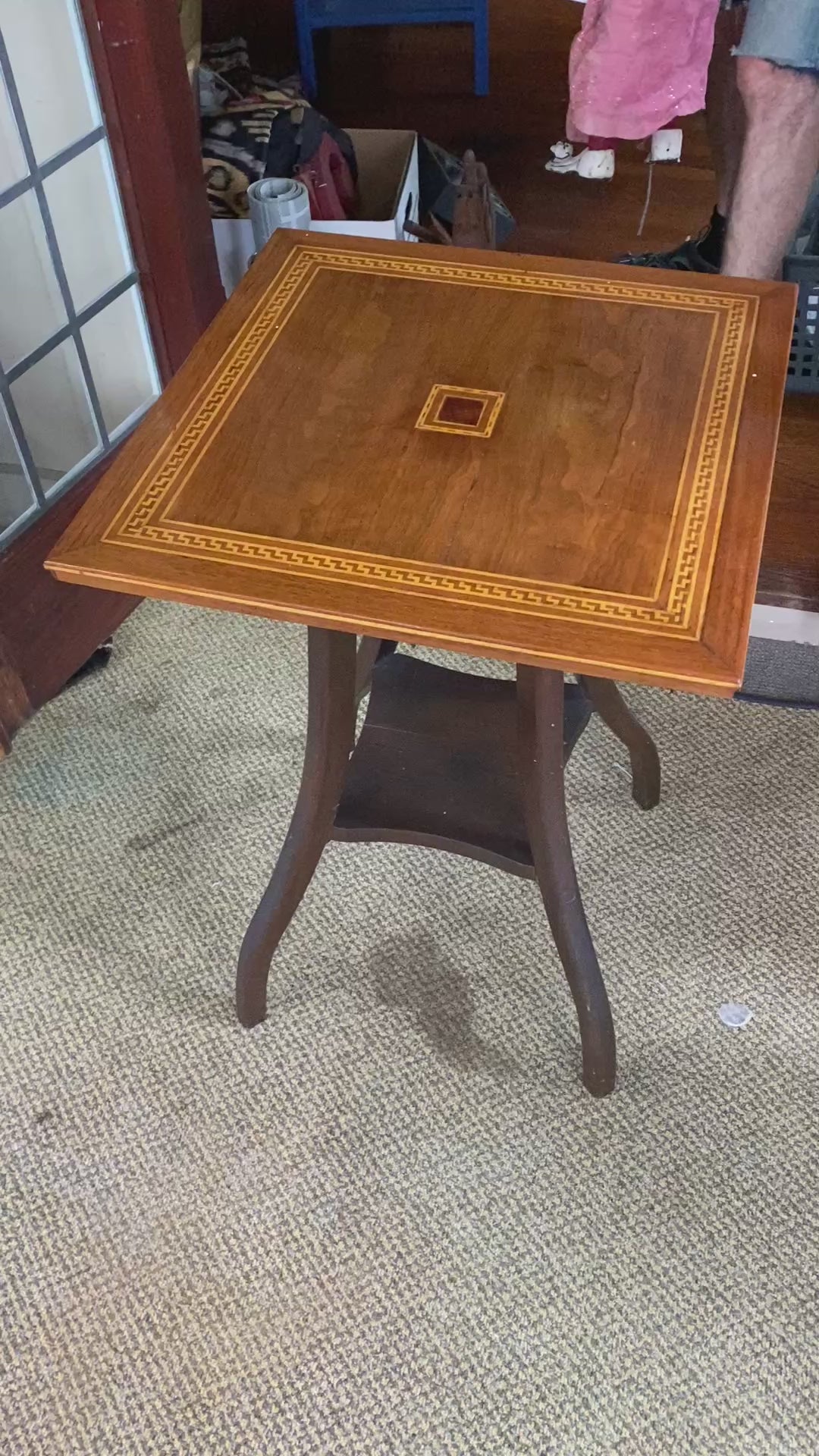 Victorian Walnut Parlor Table with Greek Key Inlay, Splayed Legs & Lower Shelf