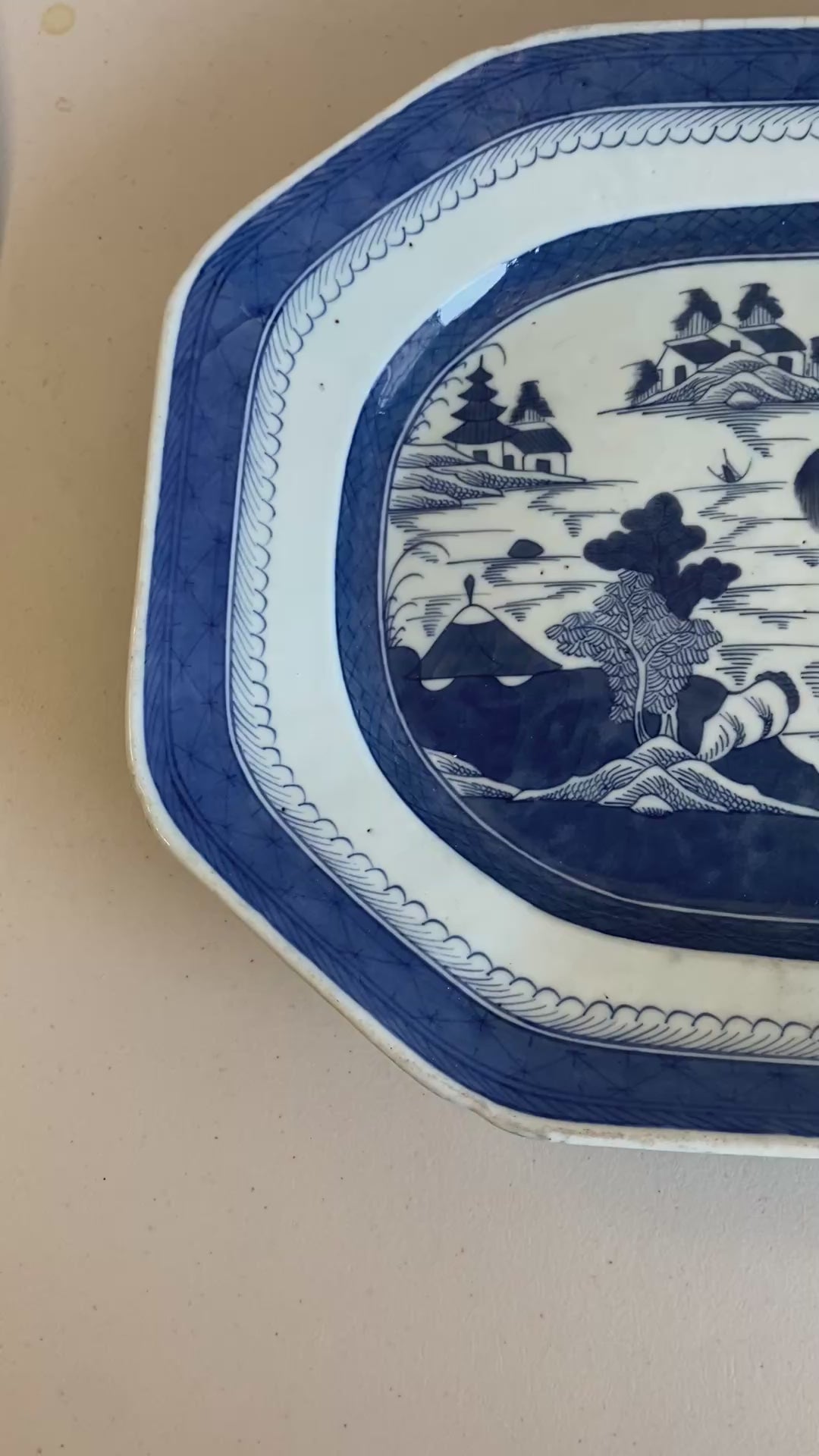 Antique Chinese Export Canton Blue & White Porcelain Platter, 19th Century