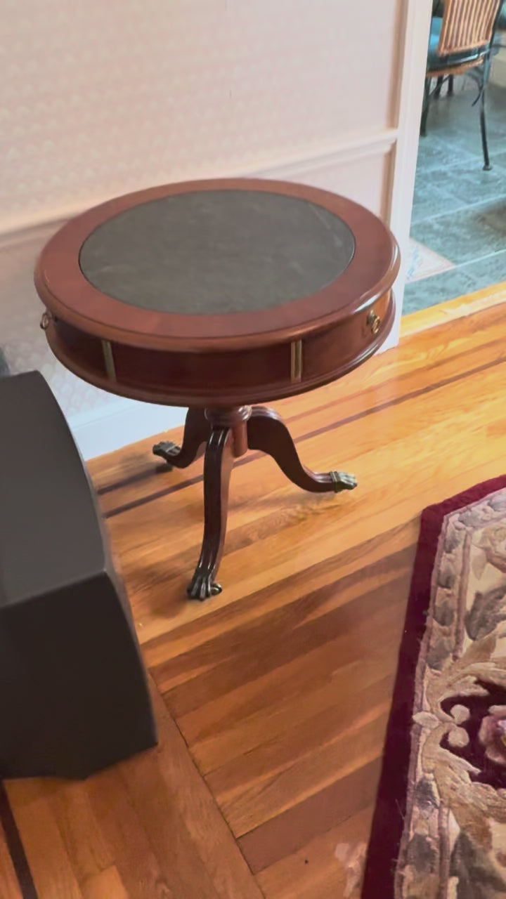 Vintage Mahogany Round Game Table with Green Marble Top & Claw Foot Base