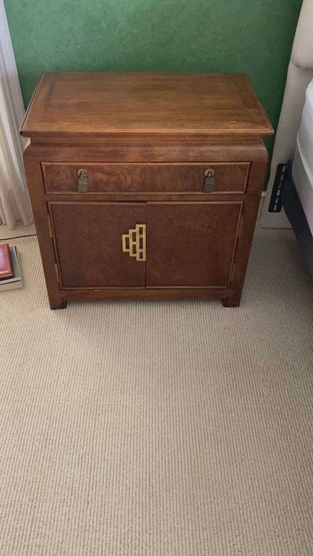 Century Furniture Chin Hua Burl Wood Nightstand with Brass Greek Key Hardware. 1 of 2